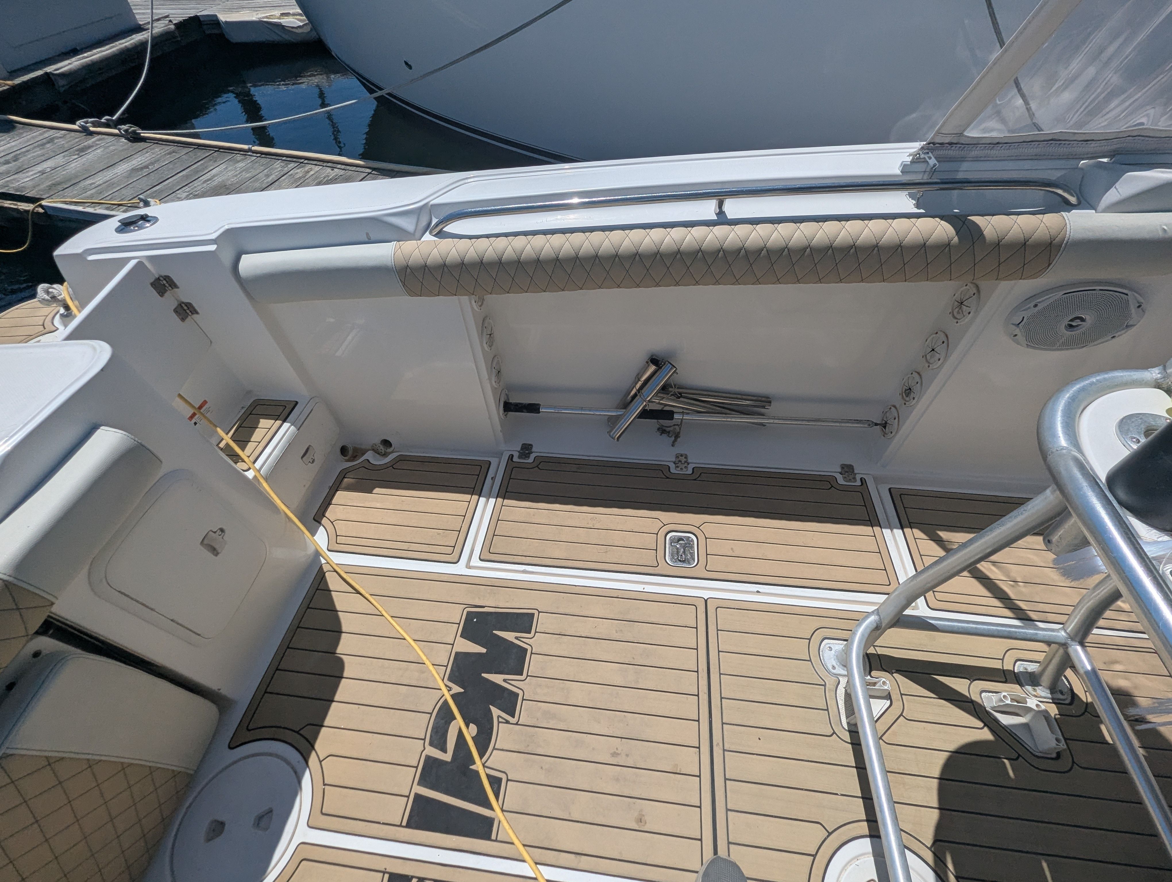 Interior of a 2005 Wellcraft 35 CCF boat at the dock.