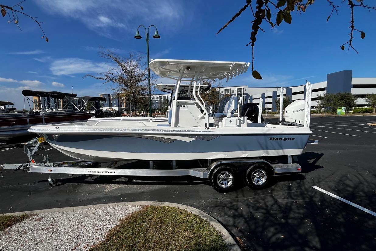 2026 Ranger 2360 Bay boat on trailer in parking lot, clear sky background.