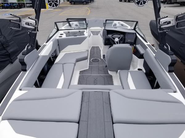 2023 ATX Surf Boats 20 Type-S interior with gray seating and modern dashboard.