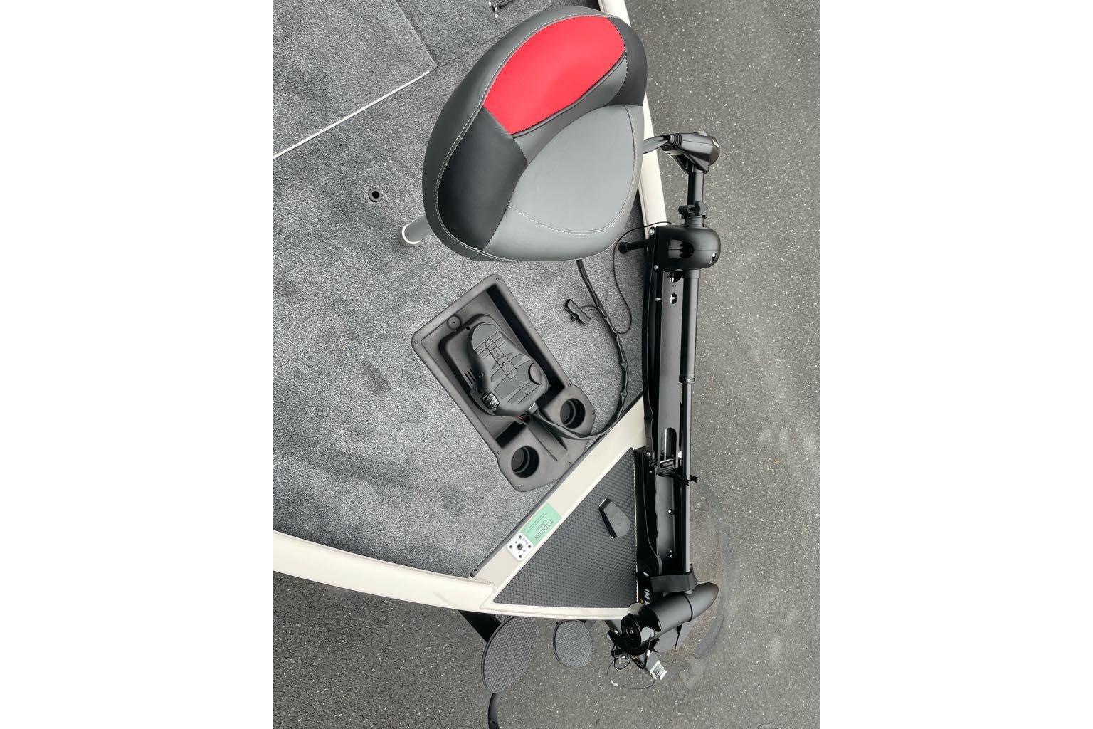 2025 Tracker Savage 215 boat interior with seat and trolling motor.