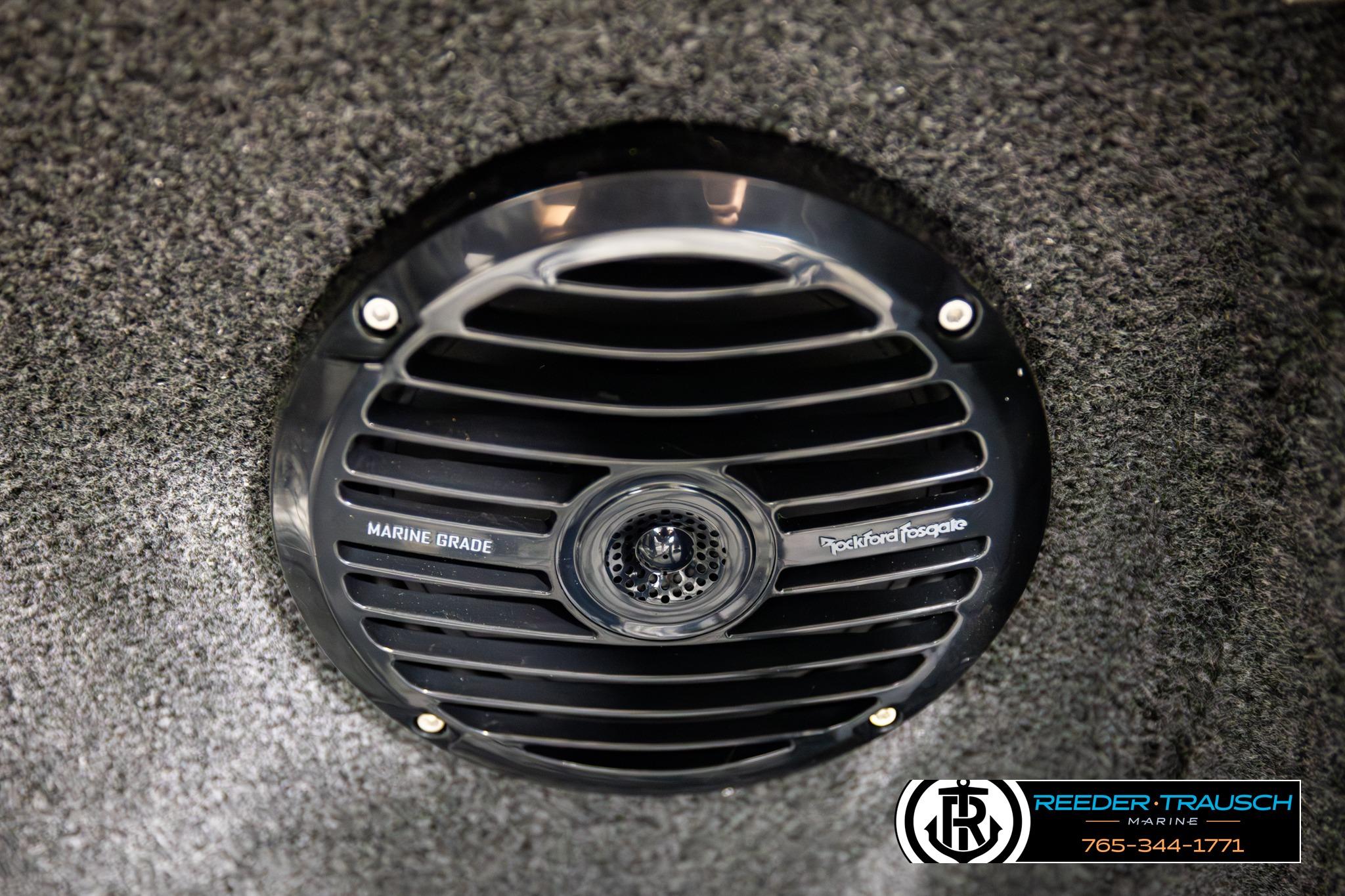 Marine-grade Rockford Fosgate speaker in 2026 Lund 1975 Tyee boat, Reeder-Trausch Marine branding.
