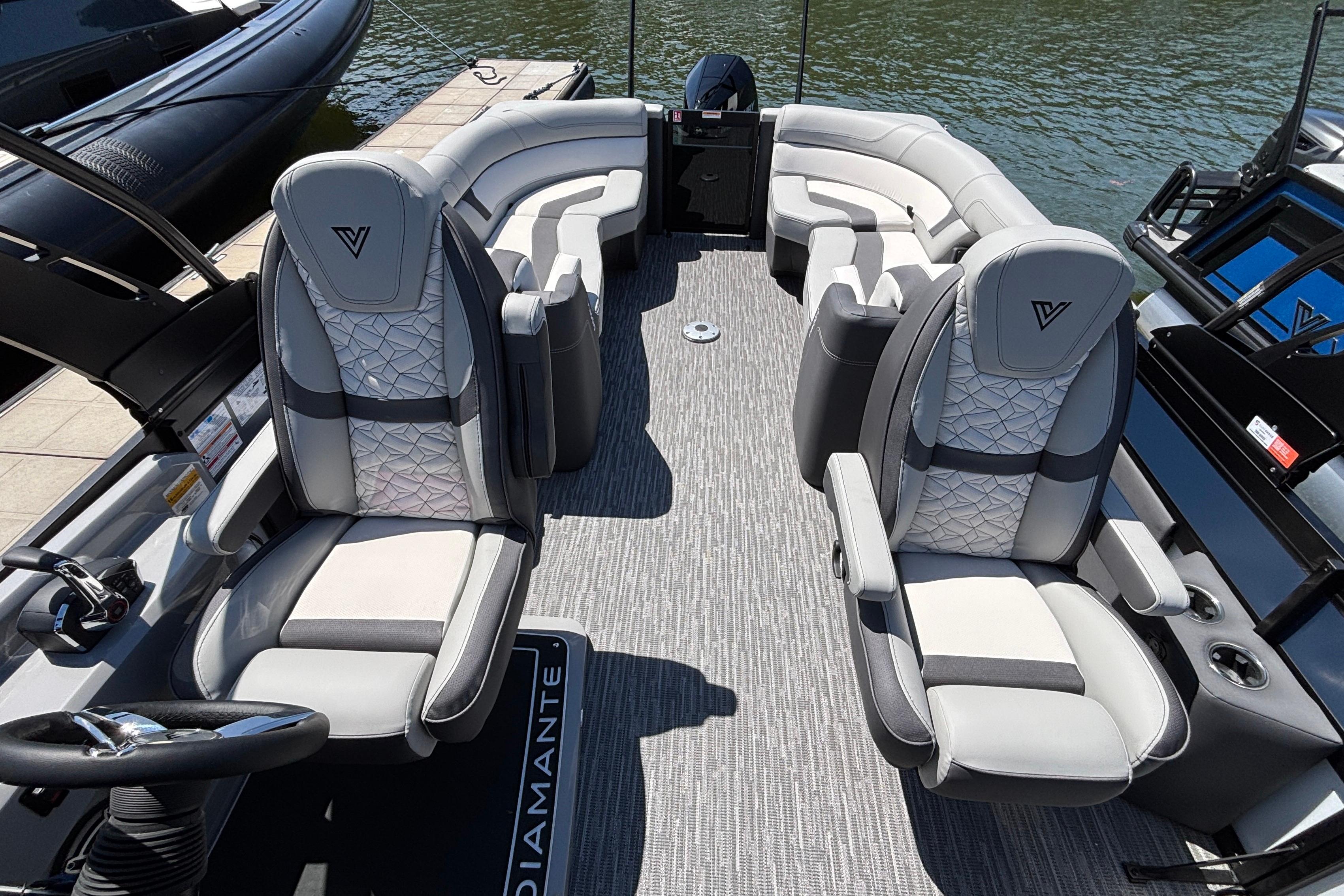 2026 Viaggio D26U boat interior with luxurious seating and modern design on the water.