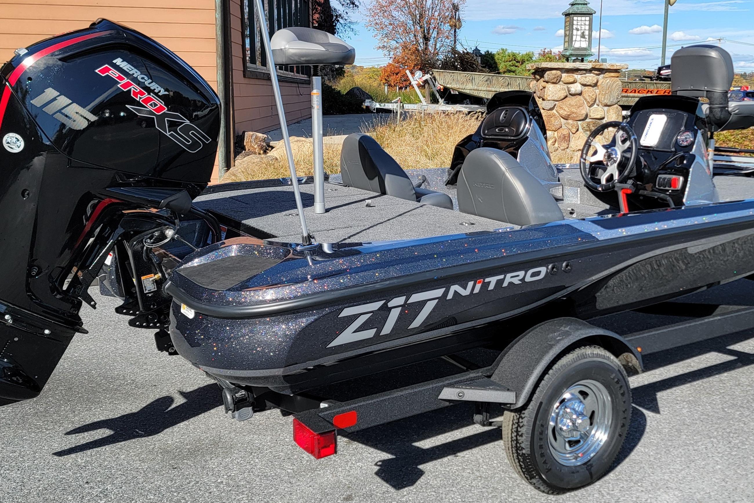 2026 Nitro Z17 boat with Mercury Pro XS engine, parked outdoors.