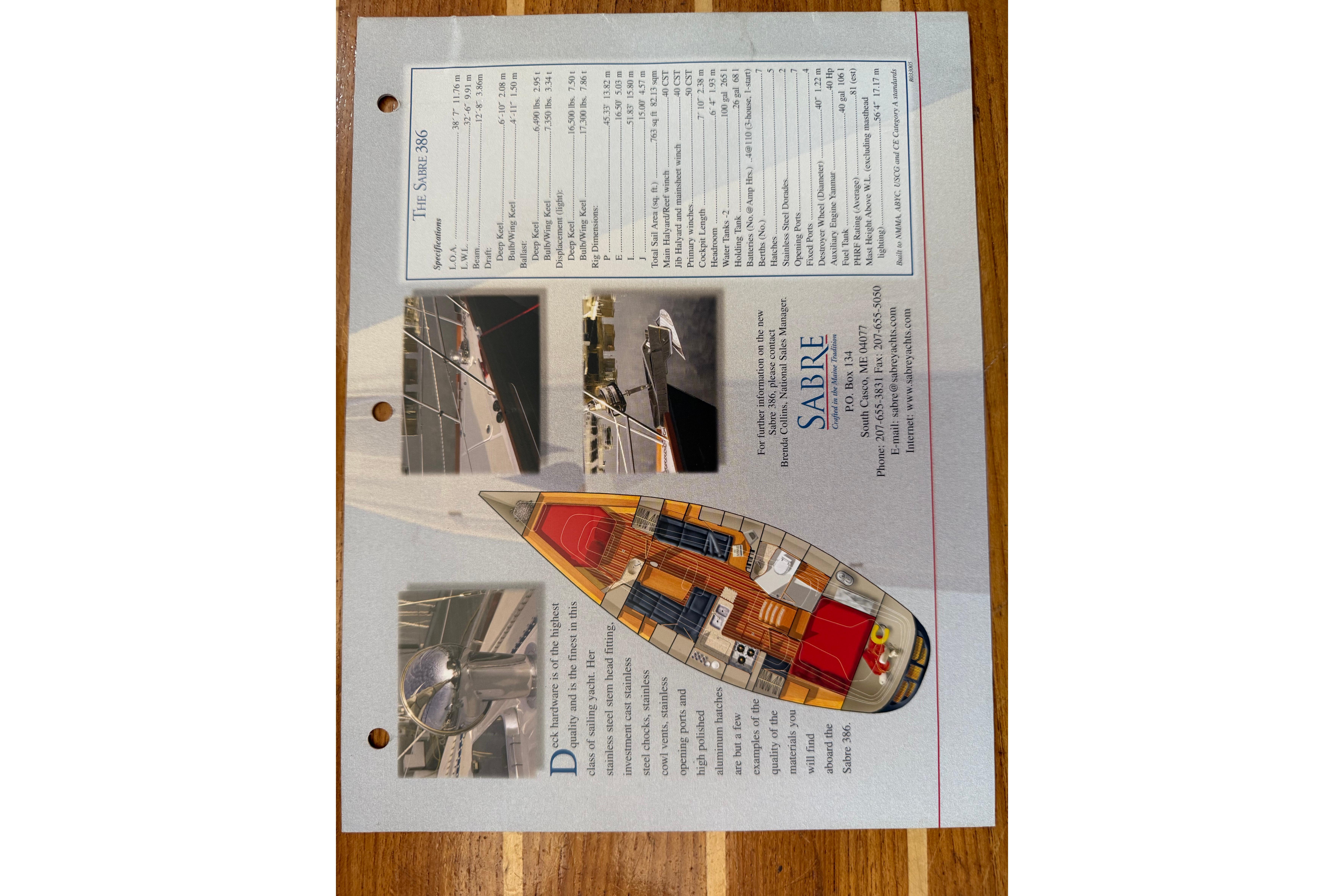 Brochure of 2004 Sabre 386 sailboat featuring specifications and interior layout.