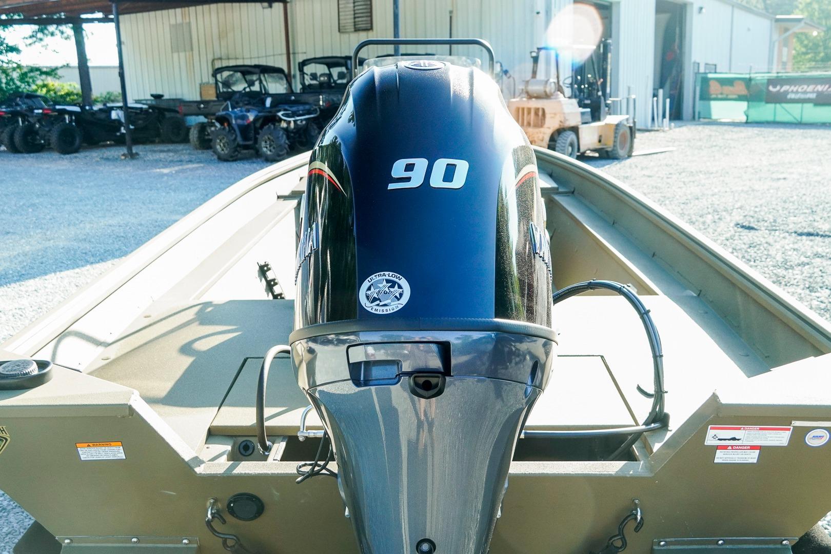 2026 G3 Gator Tough 18 CC boat with 90 HP outboard motor in a sunny outdoor setting.