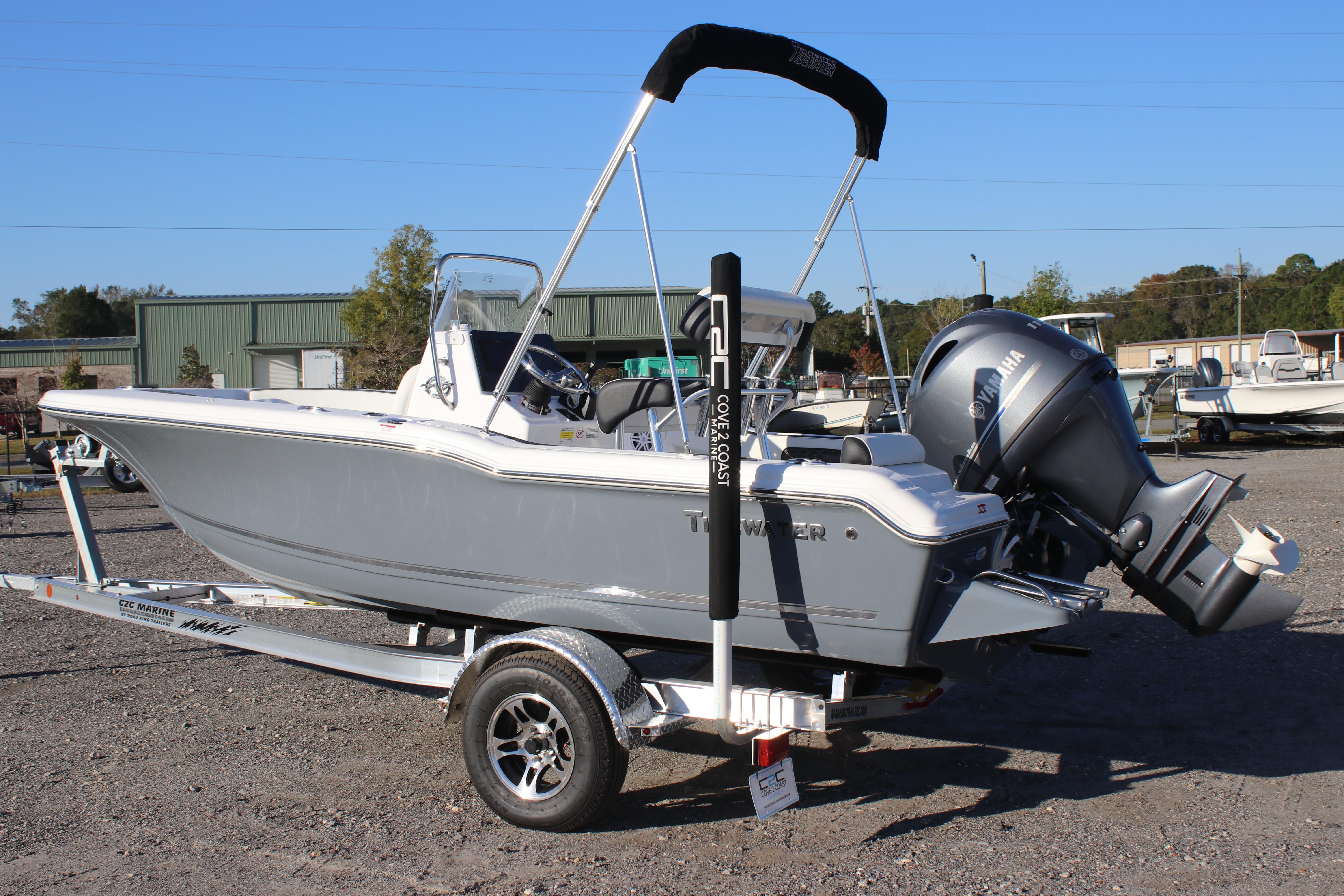 2026 Tidewater 180 CC Adventure boat on trailer, featuring Yamaha outboard motor.