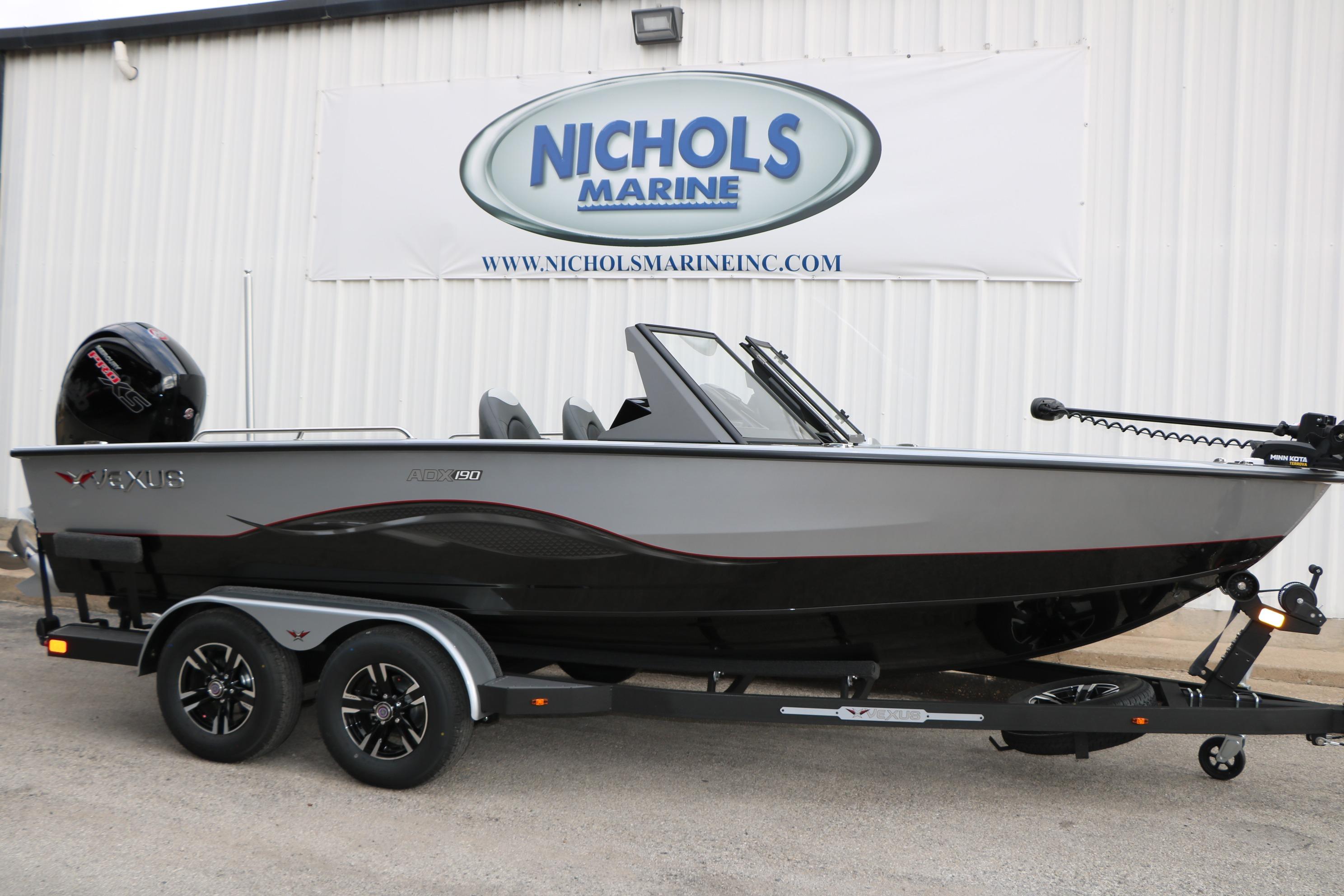 2026 Vexus ADX 190 boat on trailer at Nichols Marine dealership.