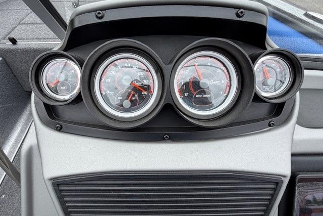 Dashboard of 2025 Ranger 1850MS boat with multiple gauges and controls.