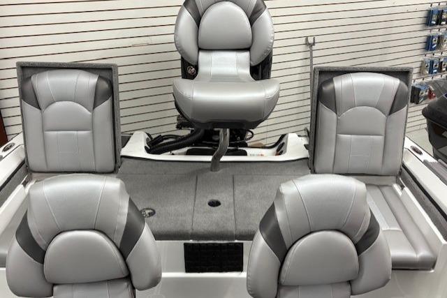 2026 Nitro ZV20 Sport Pro boat interior with five gray and black cushioned seats.