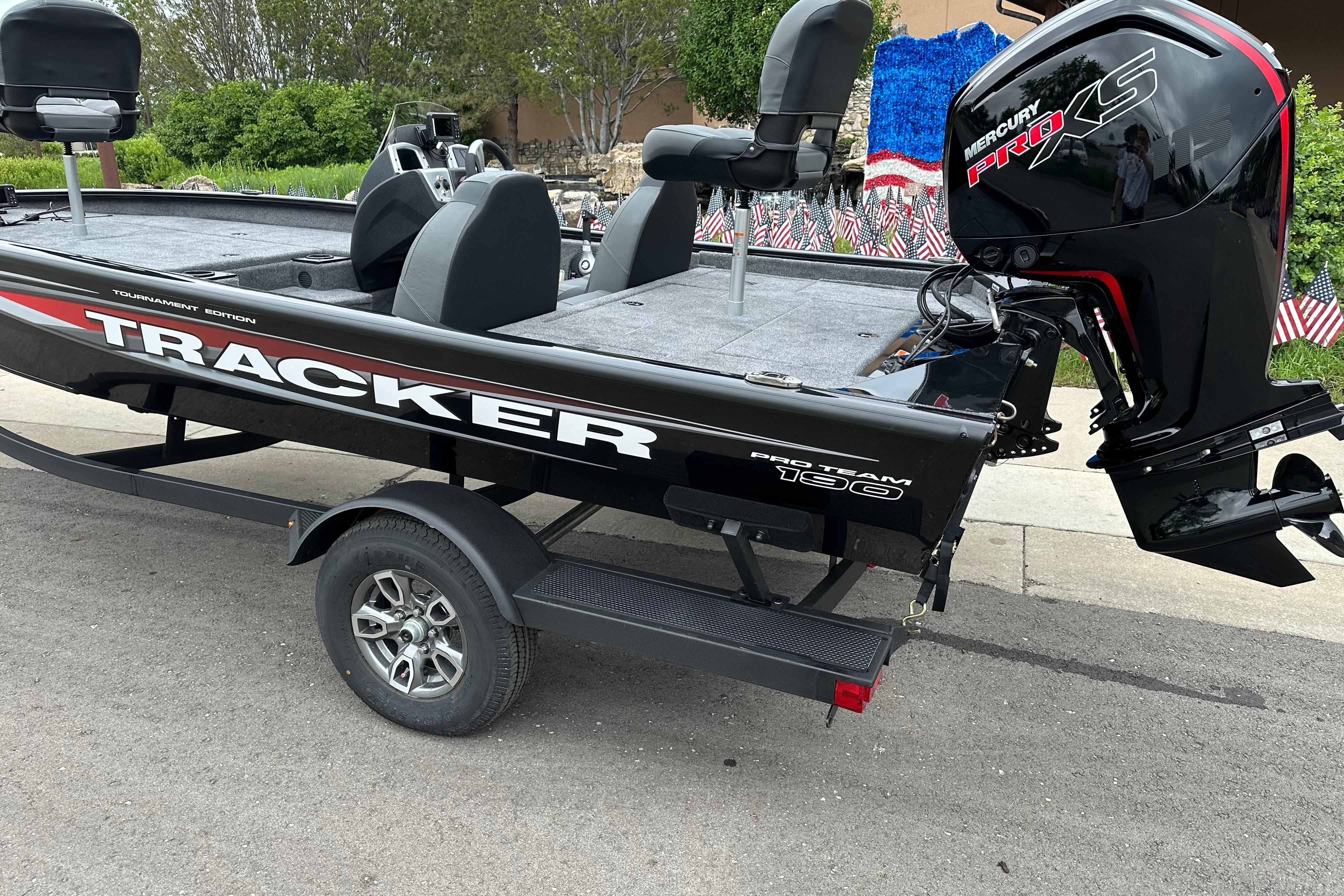 2026 Tracker Pro Team 190 boat with Mercury Pro XS engine on trailer.