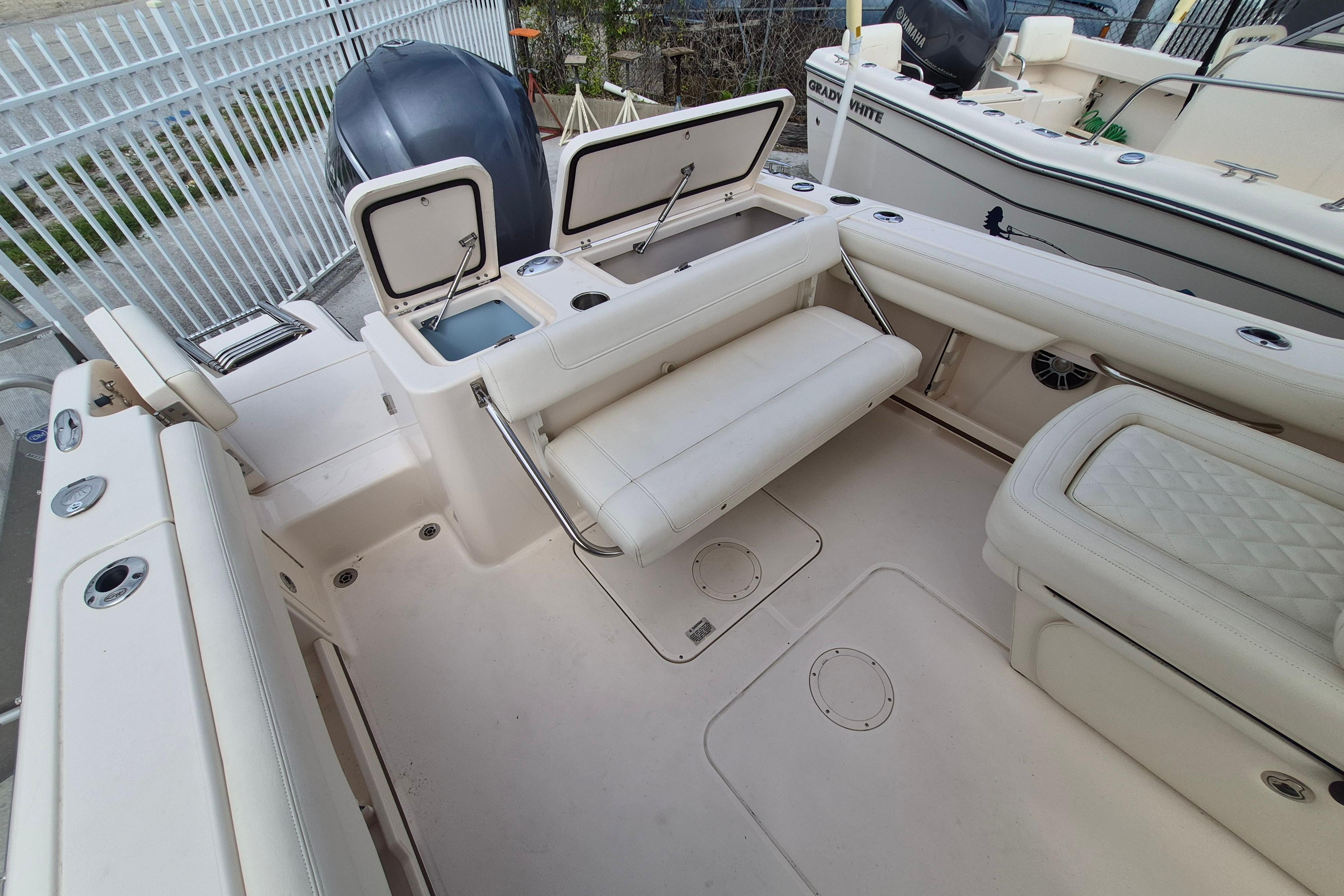 2020 Grady-White Freedom 335 boat interior with seating and storage compartments.