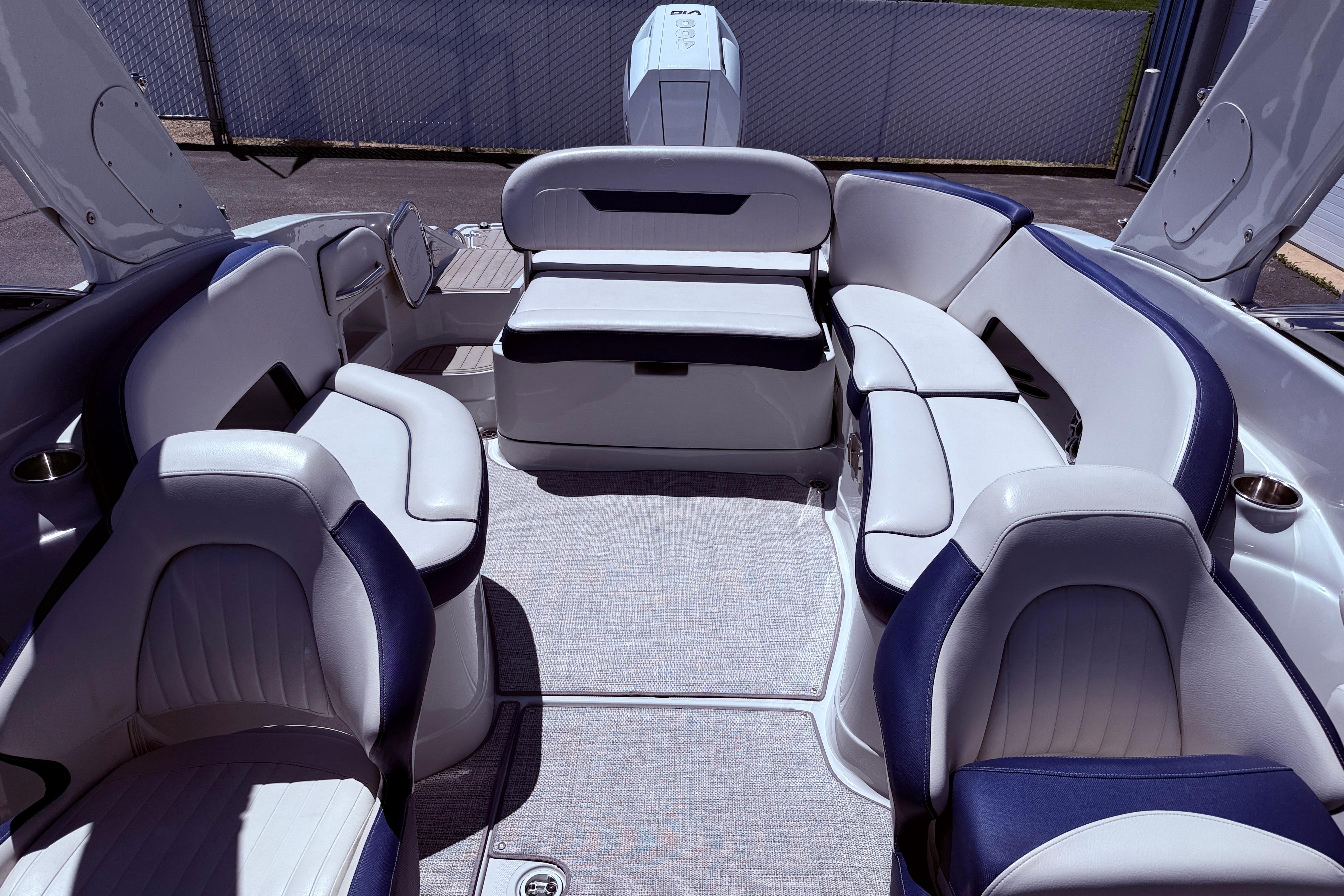 Interior of 2025 Crownline 290 XSS boat with luxurious seating and modern design.