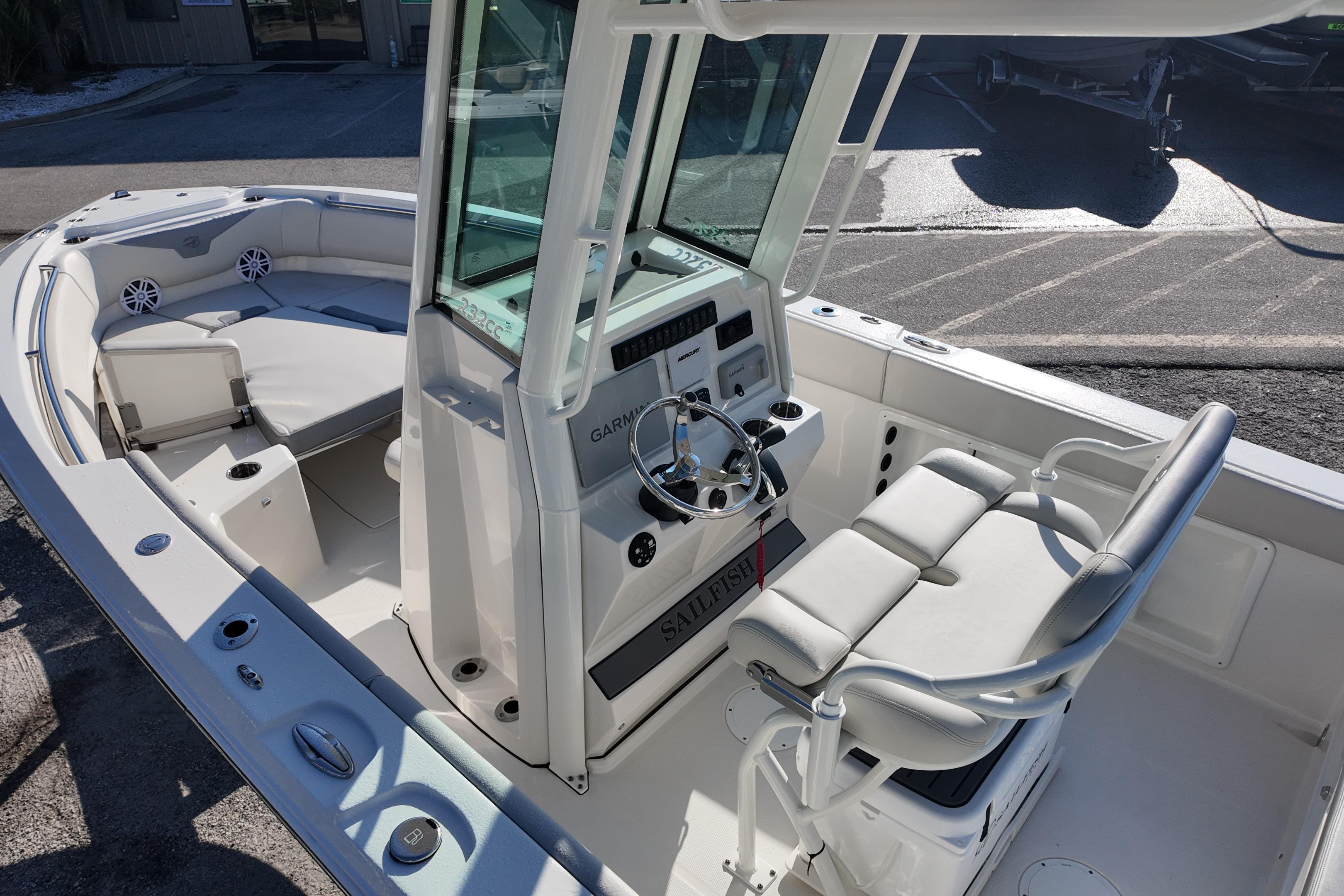 2026 Sailfish 232 CC boat interior with helm, seating, and modern controls.