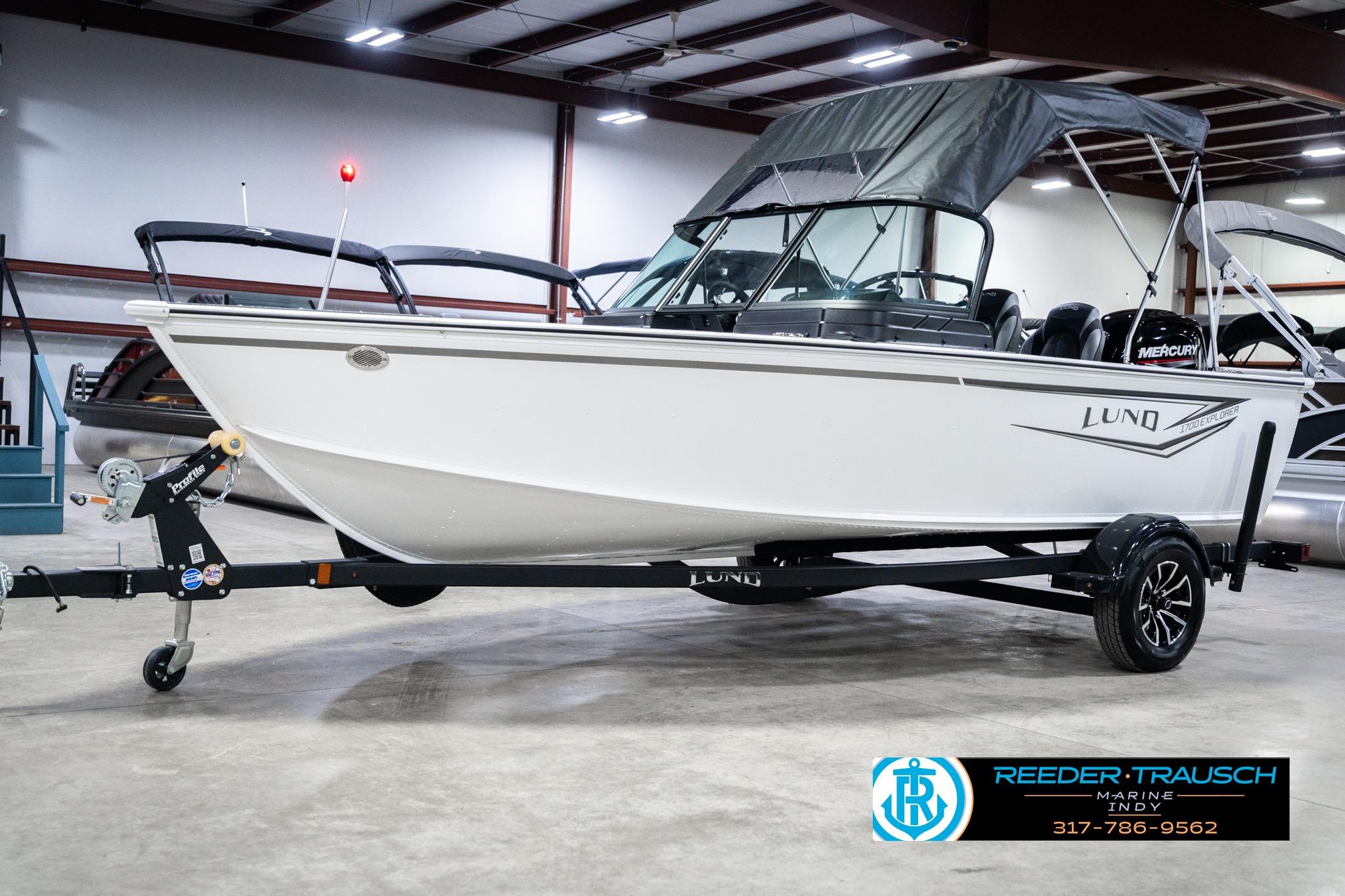 2026 Lund 1700 Explorer Sport boat on trailer in indoor showroom.