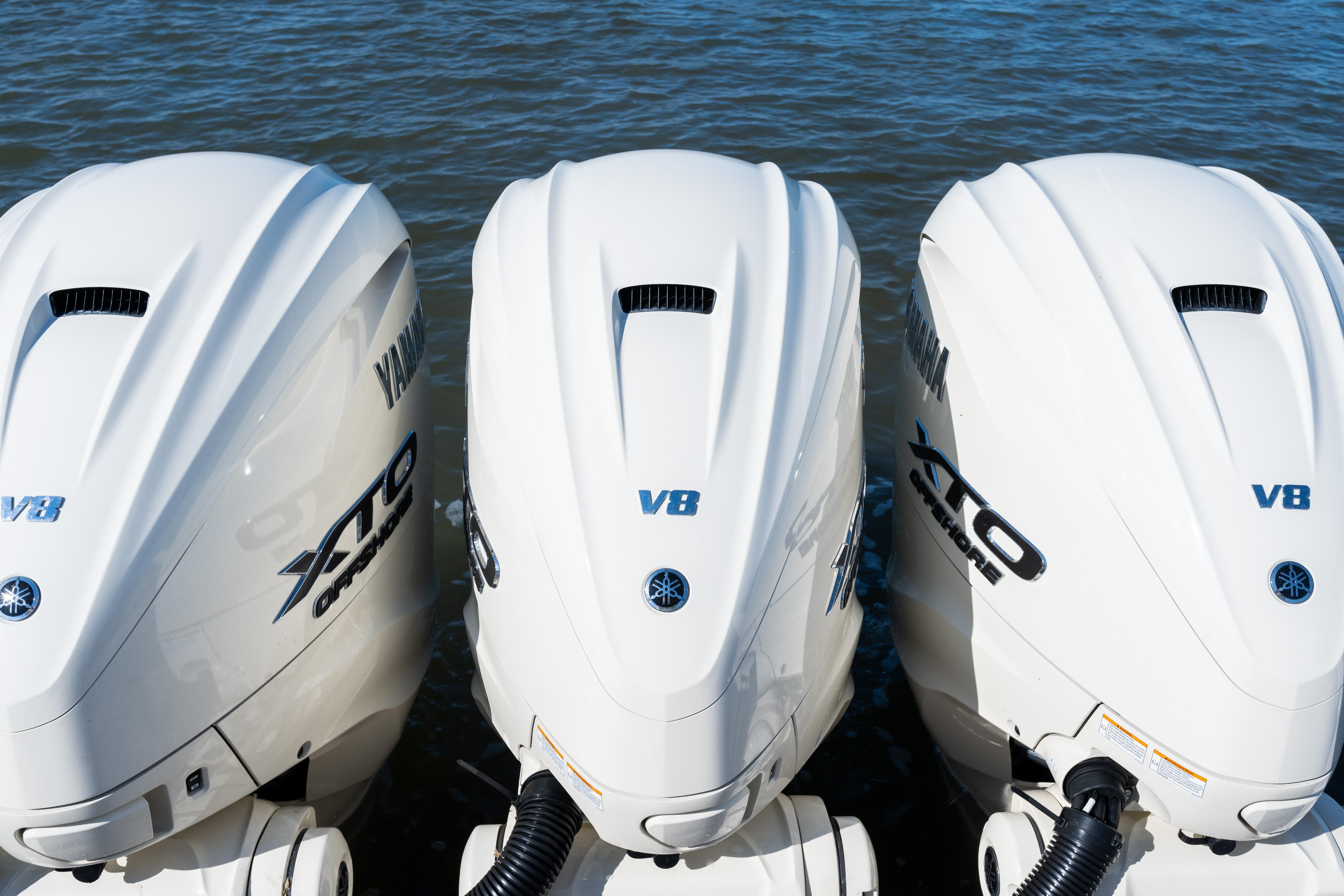 Triple Yamaha V8 outboard engines on a 2025 Grady-White Canyon 386 boat.