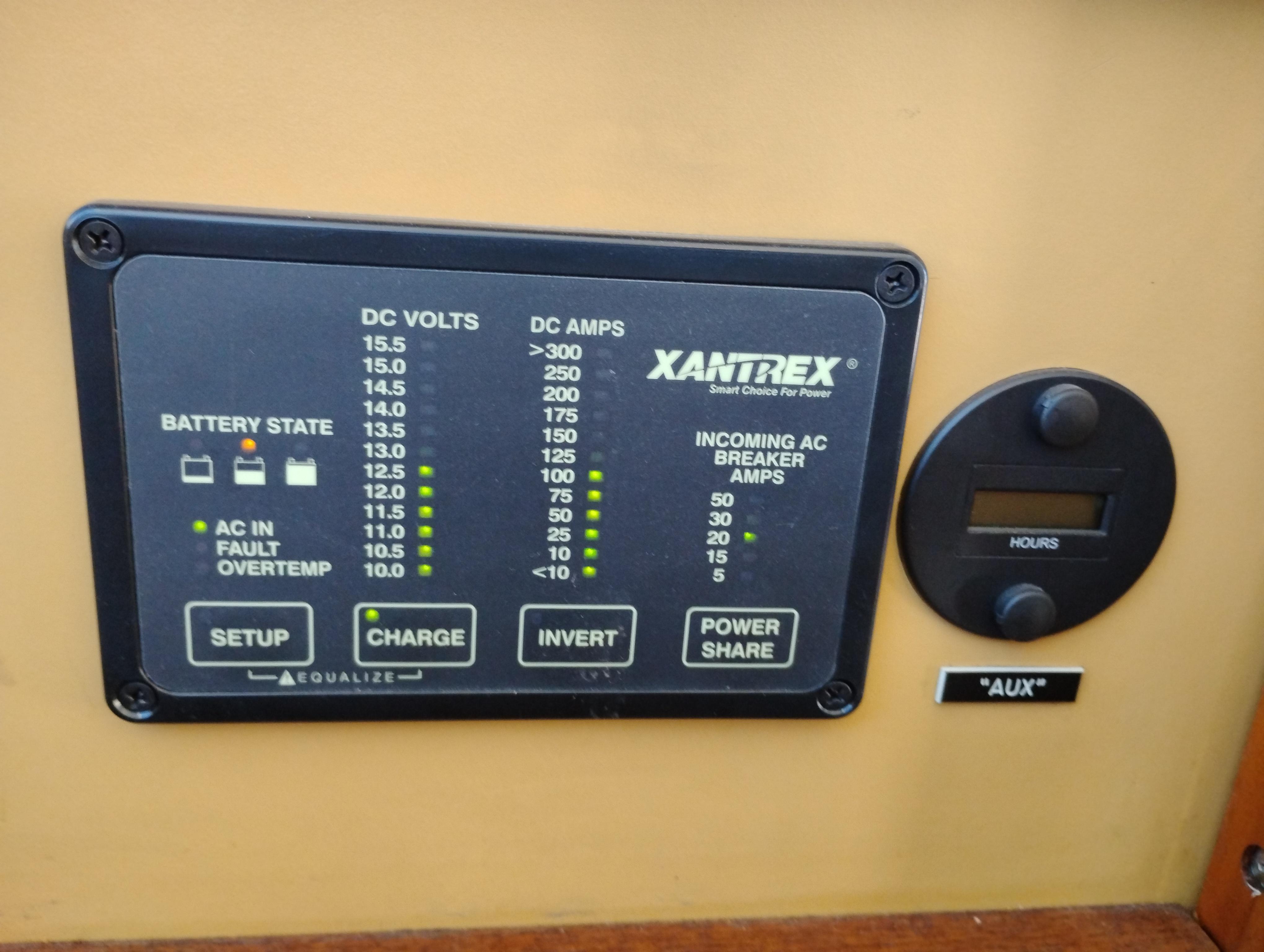 Control panel of a 1978 Bertram 33 Convertible boat, featuring Xantrex power management system.