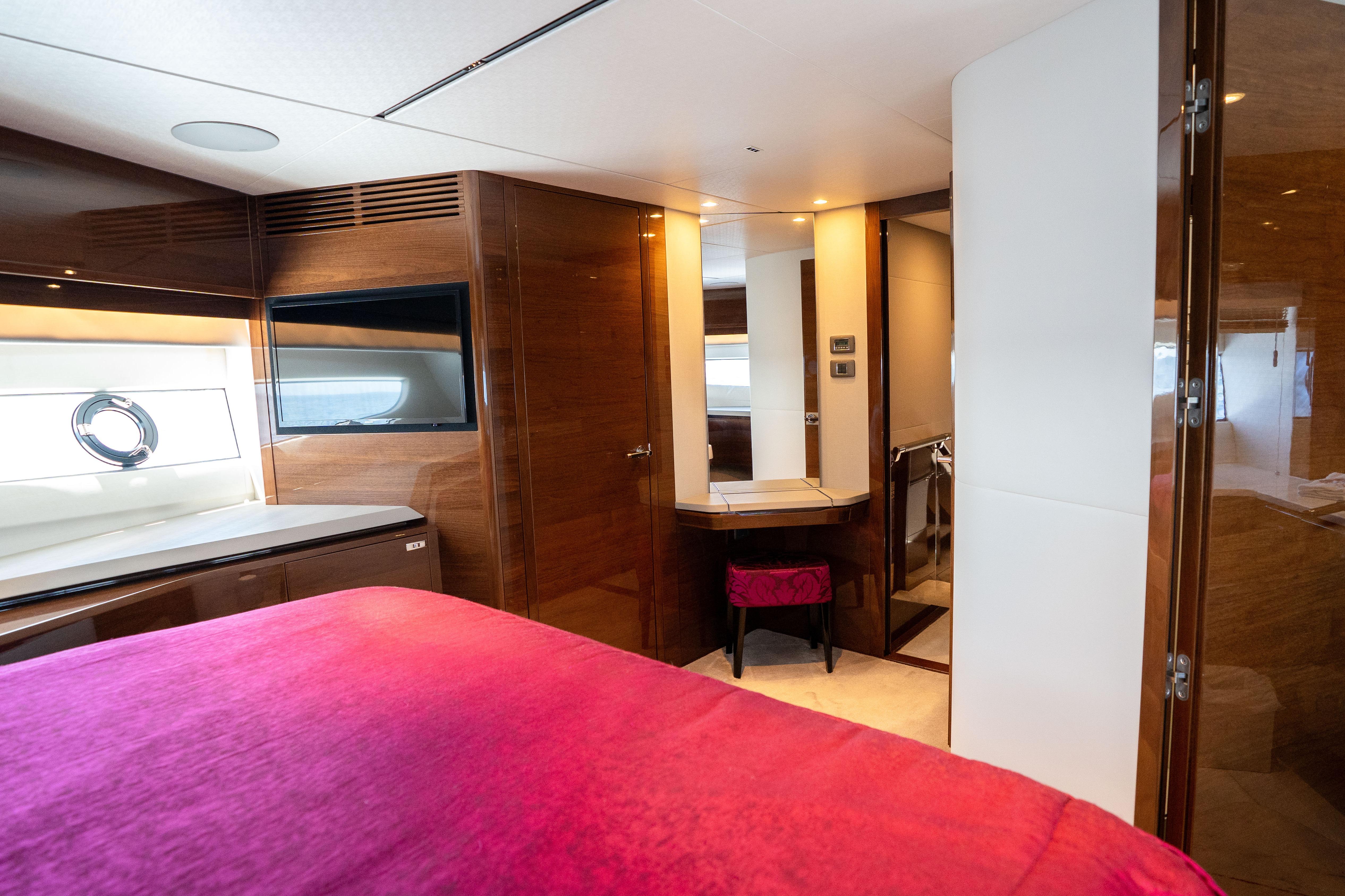 Luxurious interior of 2020 Princess Y85 yacht with elegant wood finishes and modern amenities.