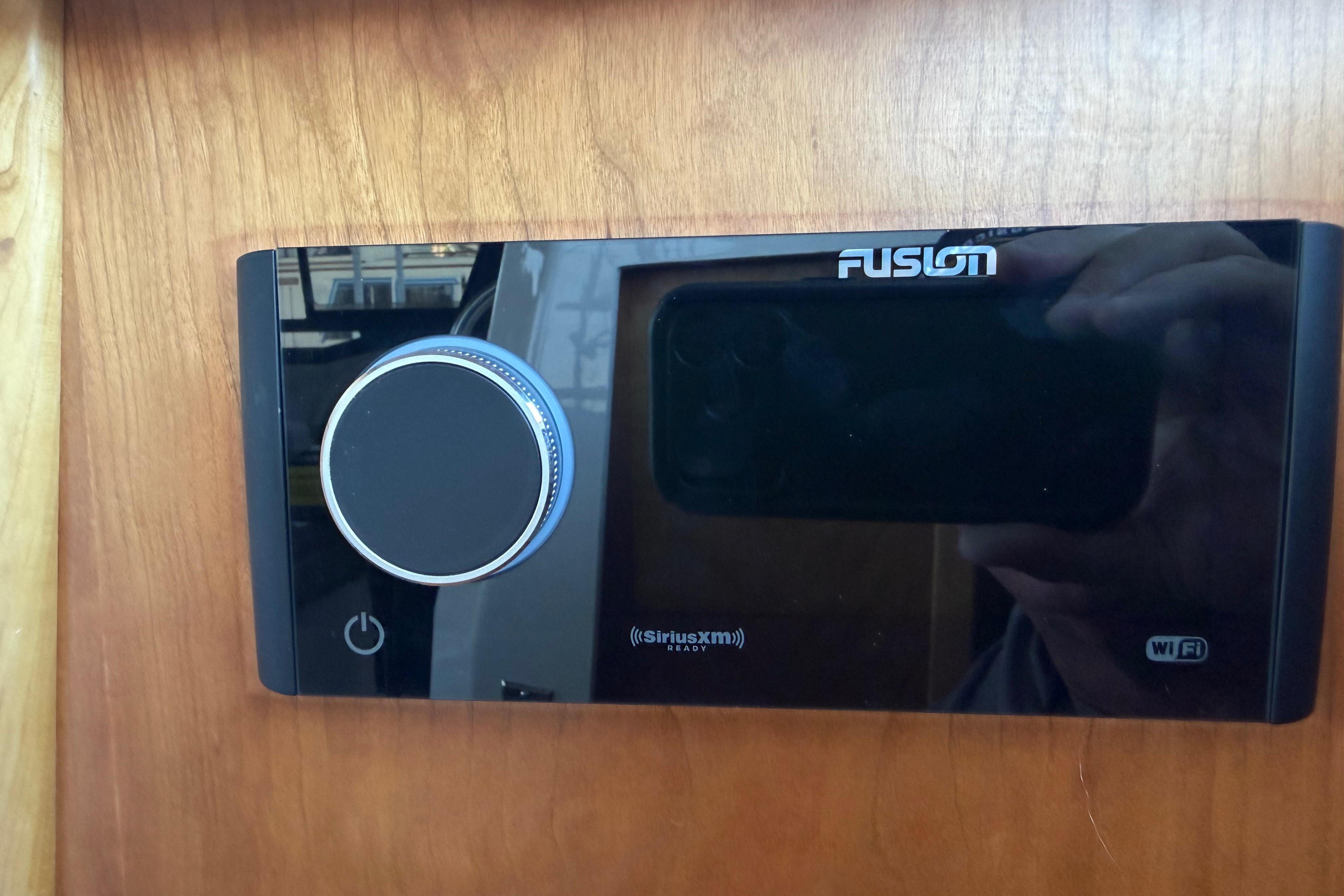 Fusion audio system in 2023 Cutwater C-288 Coupe boat, featuring SiriusXM and WiFi connectivity.