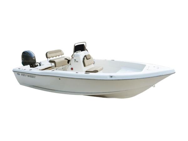2025 Key West 179 FS boat with outboard motor, side view.