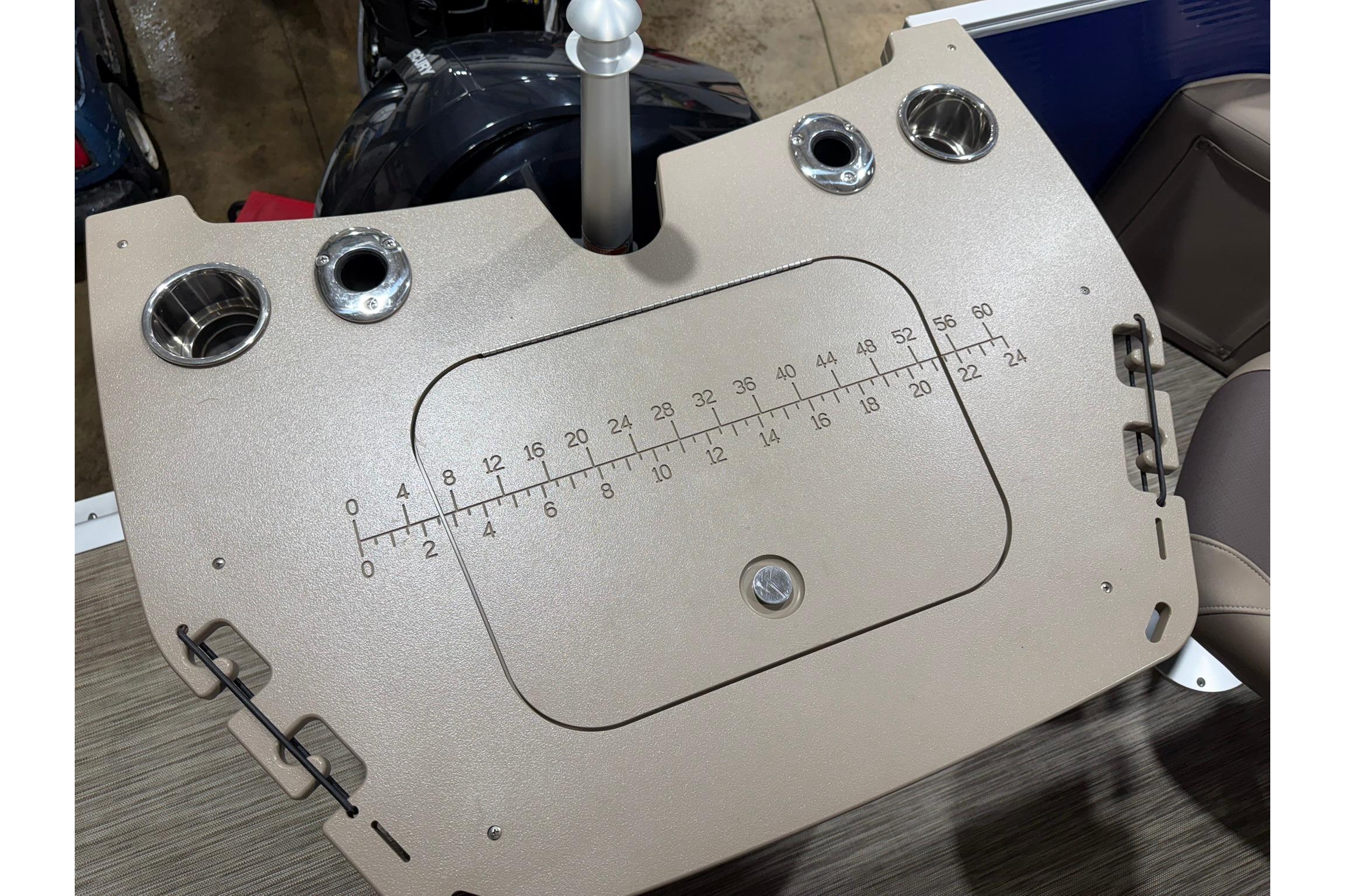 Fishing station on 2020 Bennington SX 22 SFX pontoon boat with measurement markings.