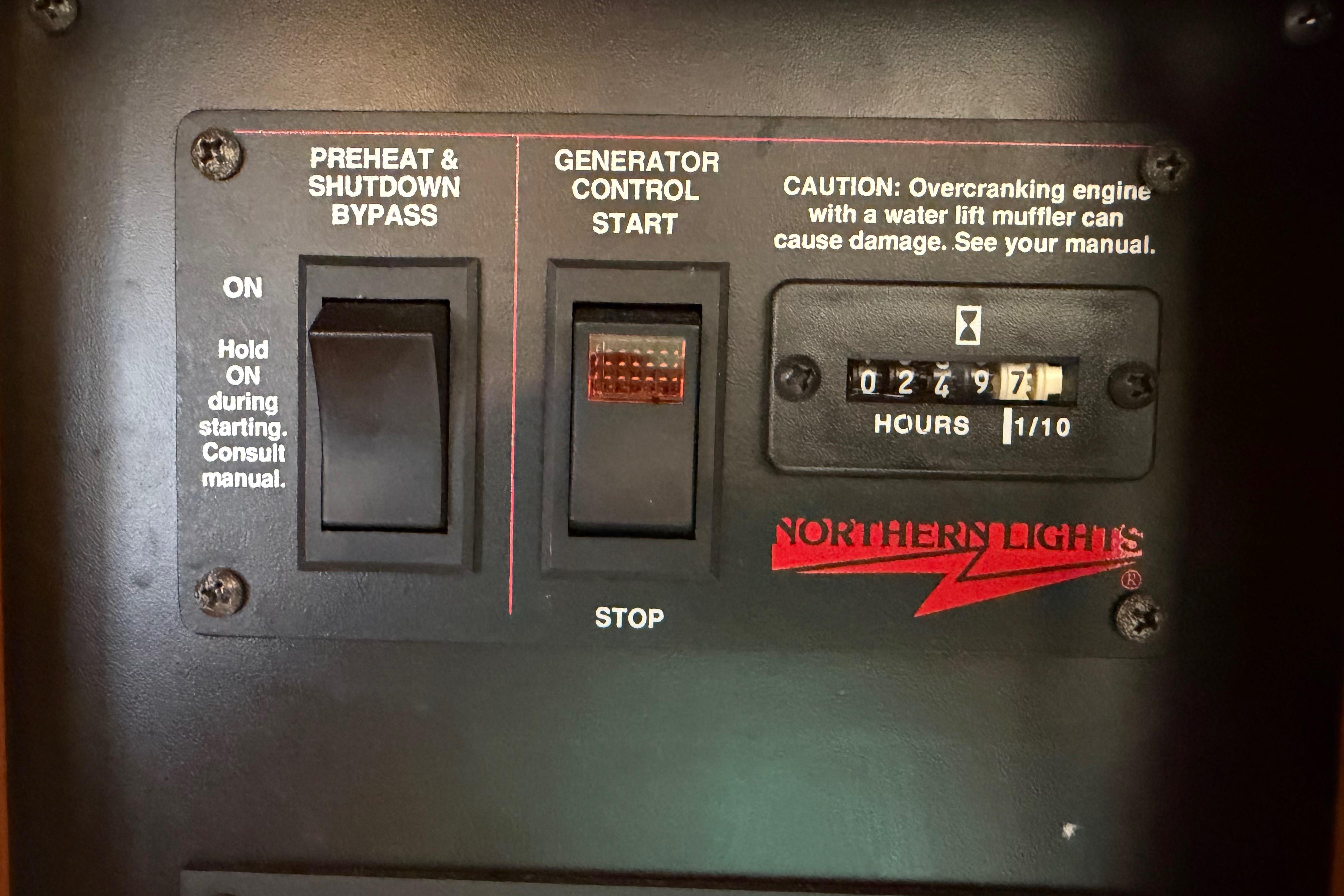 Control panel of a Northern Lights generator on a 2000 Sabreline 36 Express boat.
