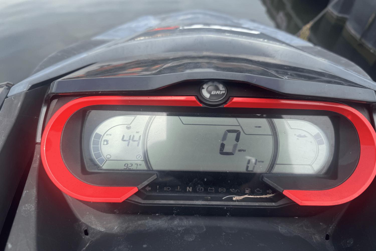 Dashboard of a 2020 Sea-Doo RTX 300, displaying speed and fuel information.