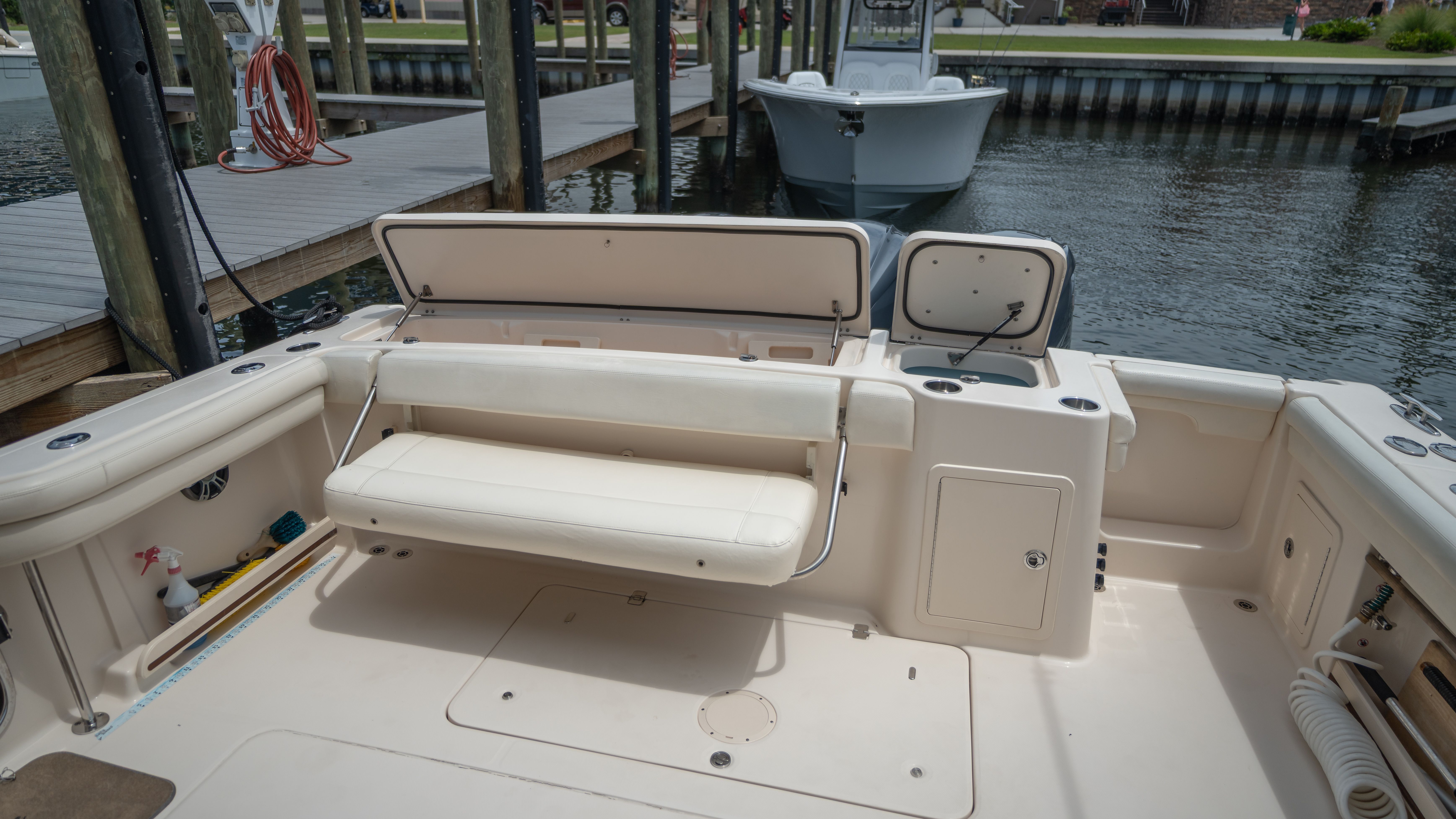 The image shows the cockpit of a 2019 Grady-White 375 Freedom.