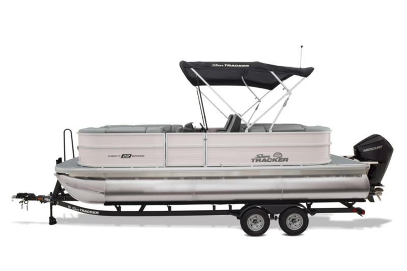 2026 Sun Tracker Party Barge 22 DLX pontoon boat on trailer, side view.