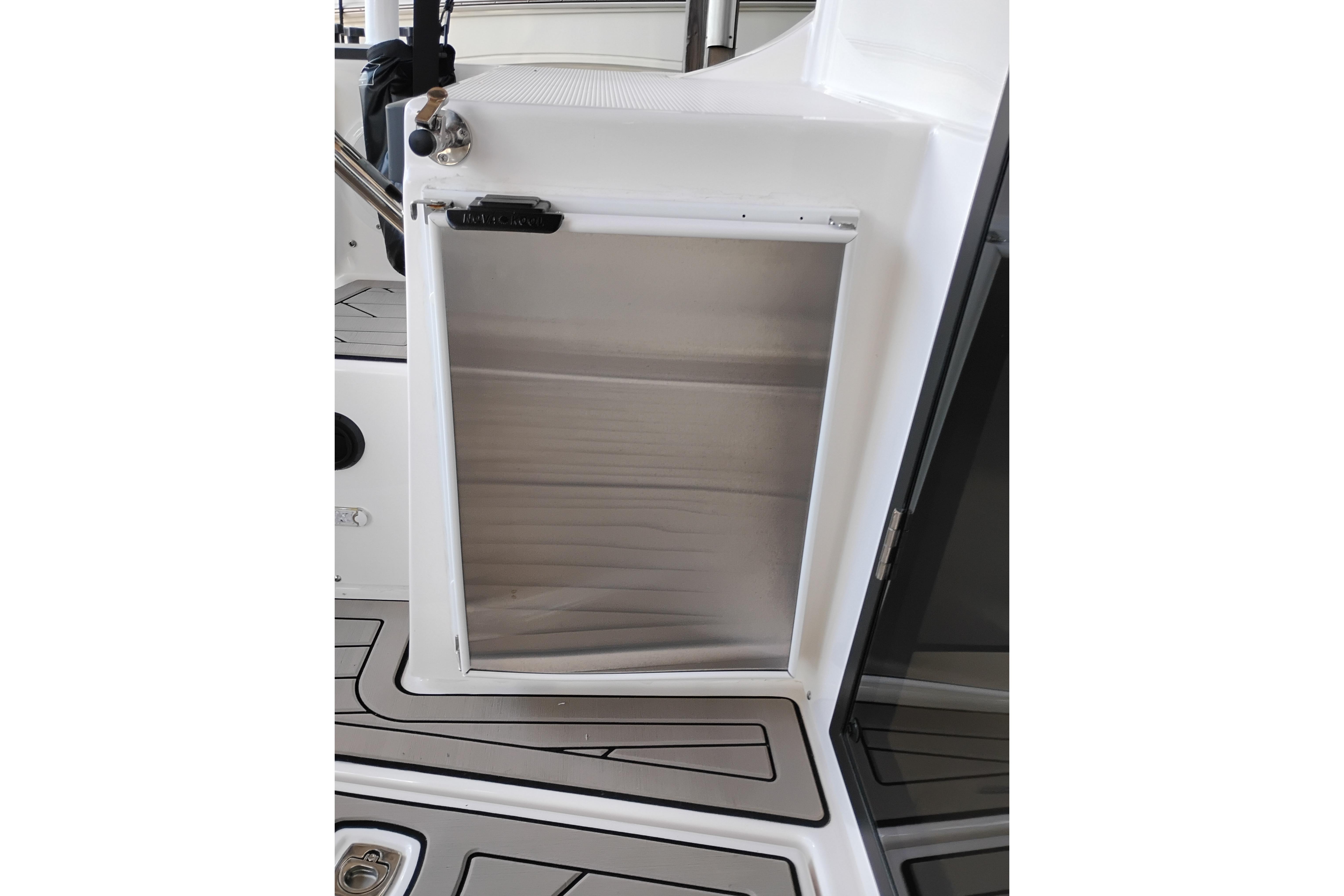 2022 Cutwater C-32 Coupe boat interior with sleek, modern design and stainless steel features.