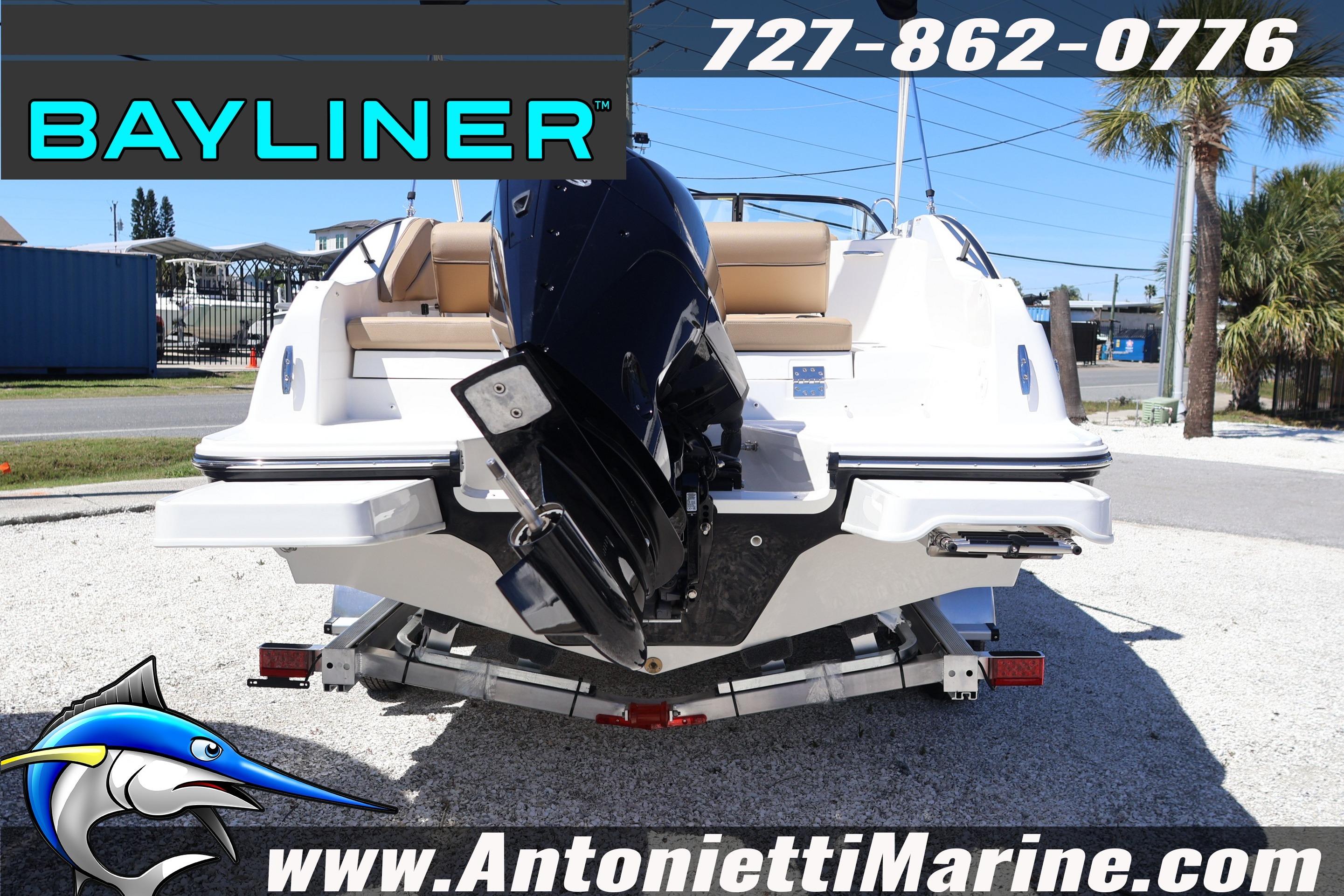 2026 Bayliner D22 boat on trailer at Antonietti Marine dealership.