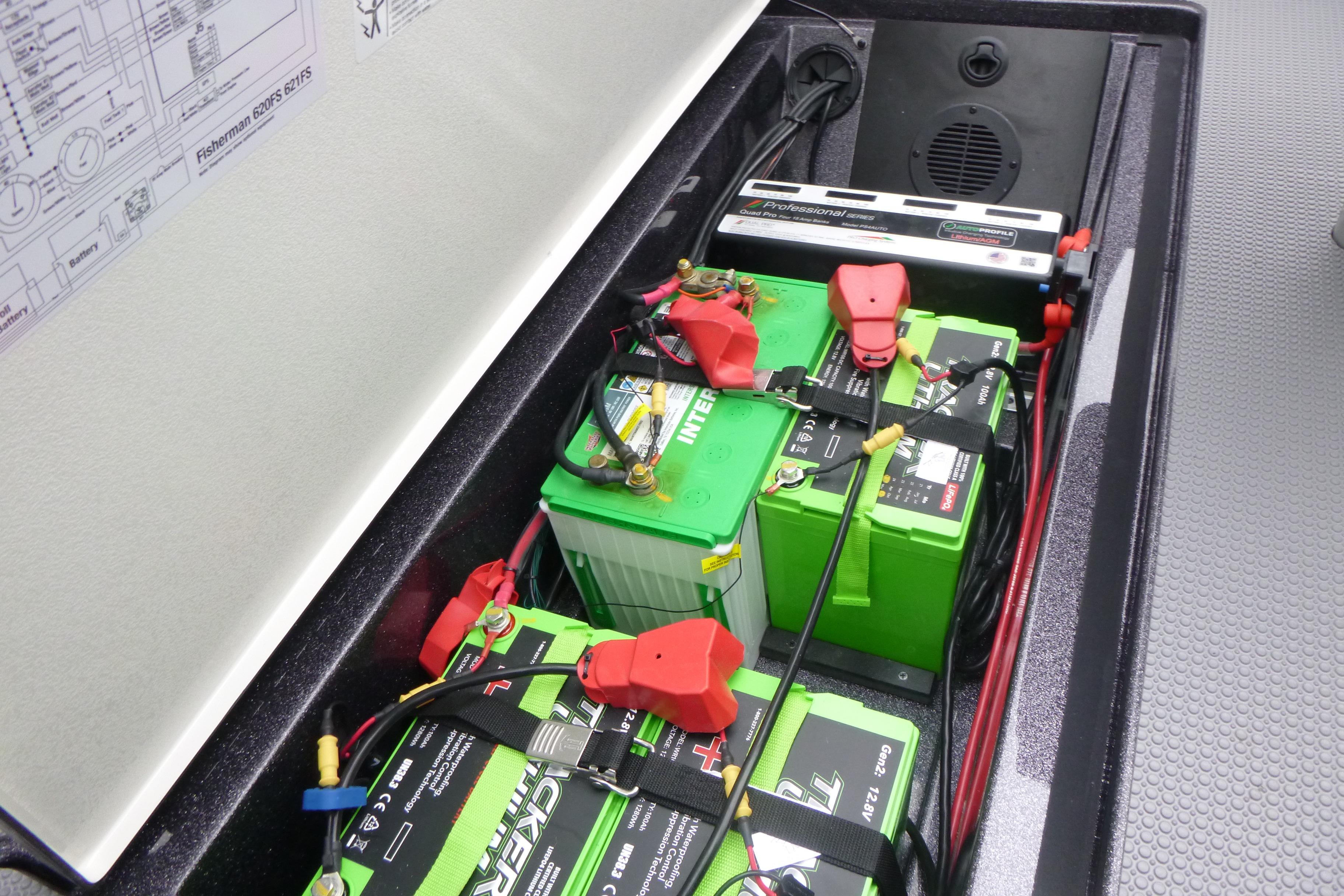 Battery compartment of 2026 Ranger 620FS Cup Equipped boat, featuring green batteries and wiring.