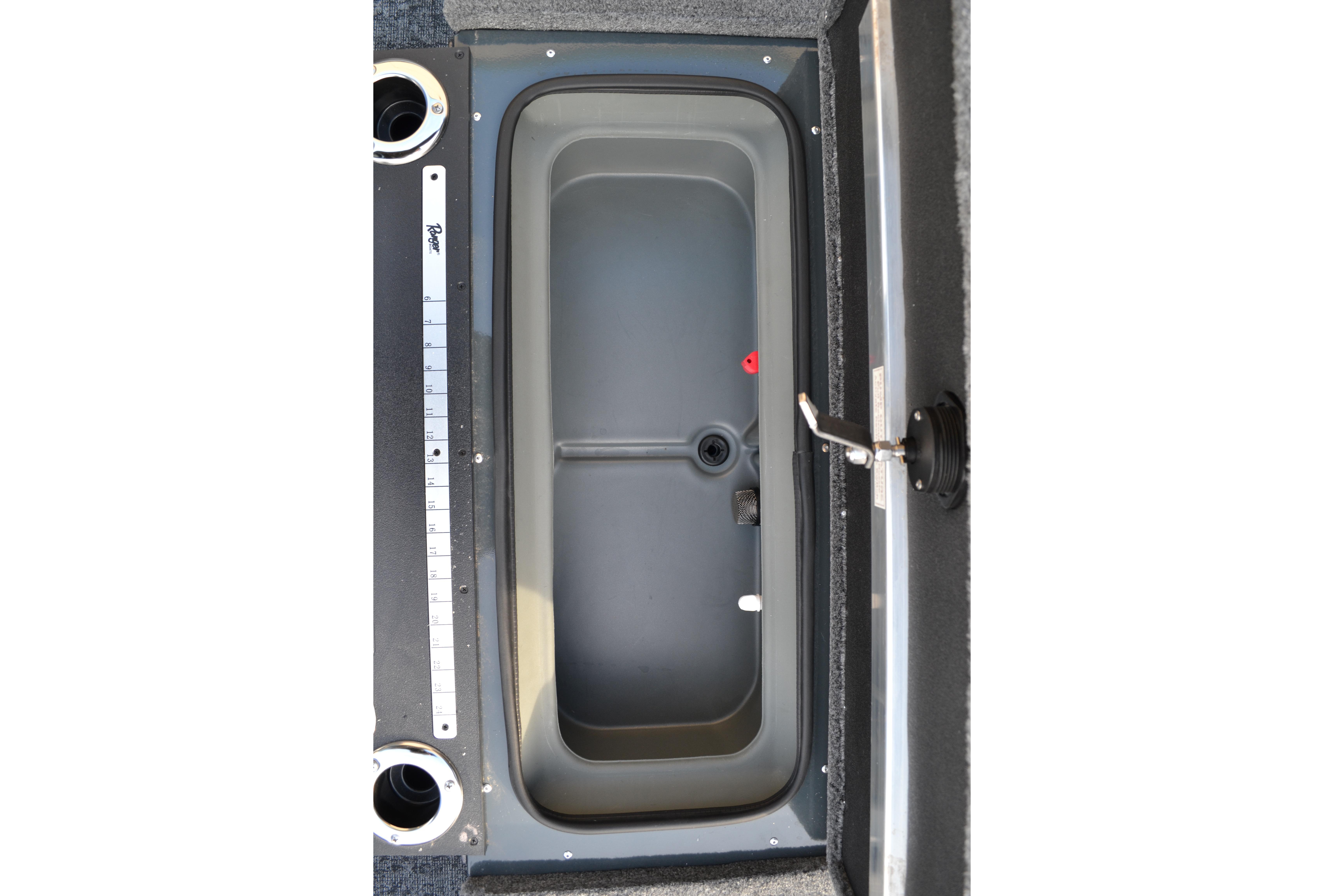 2026 Ranger VX1888 WT boat livewell with measurement scale and drain plug.