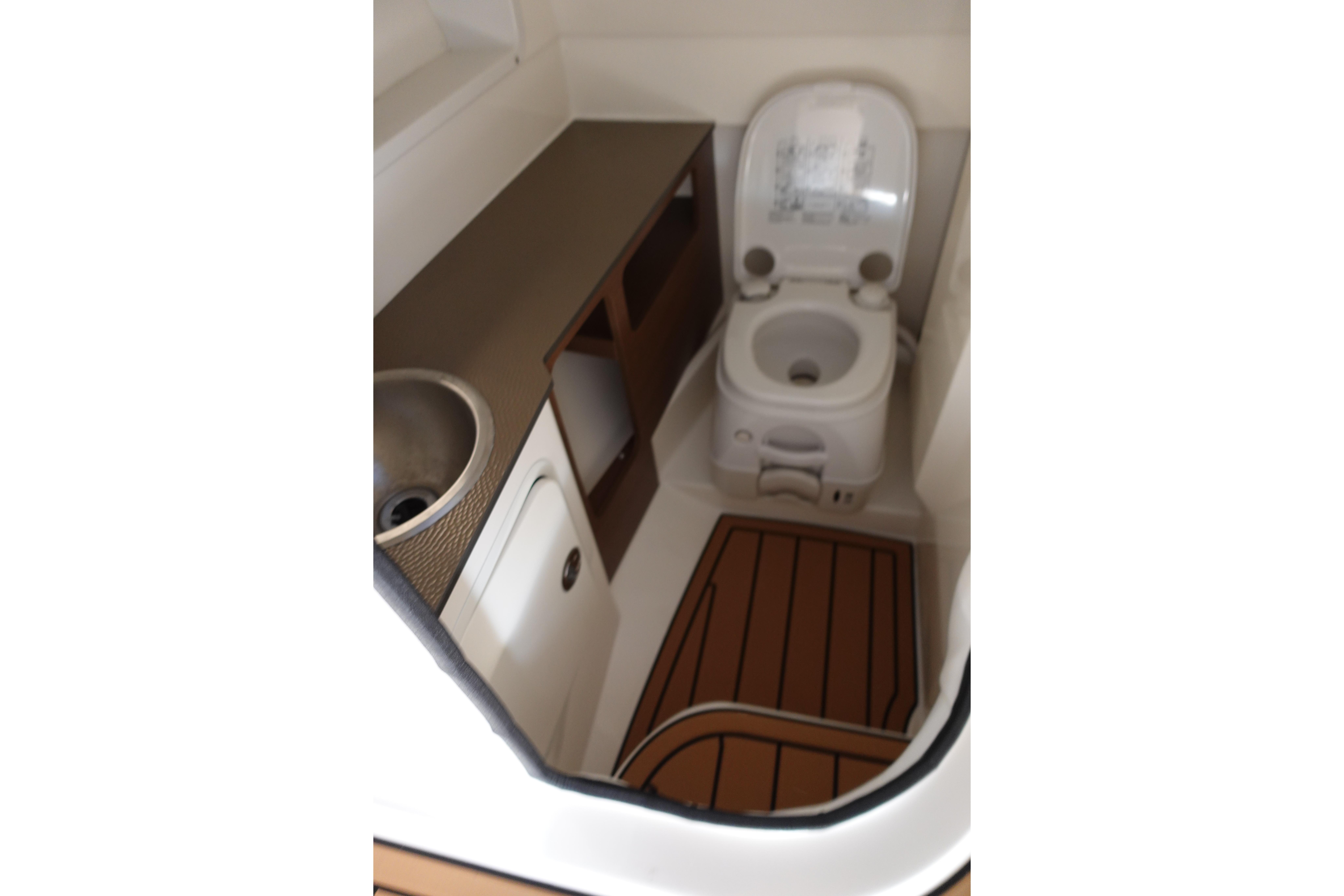2018 Sea Ray SDX 270 boat bathroom with toilet, sink, and wooden flooring.