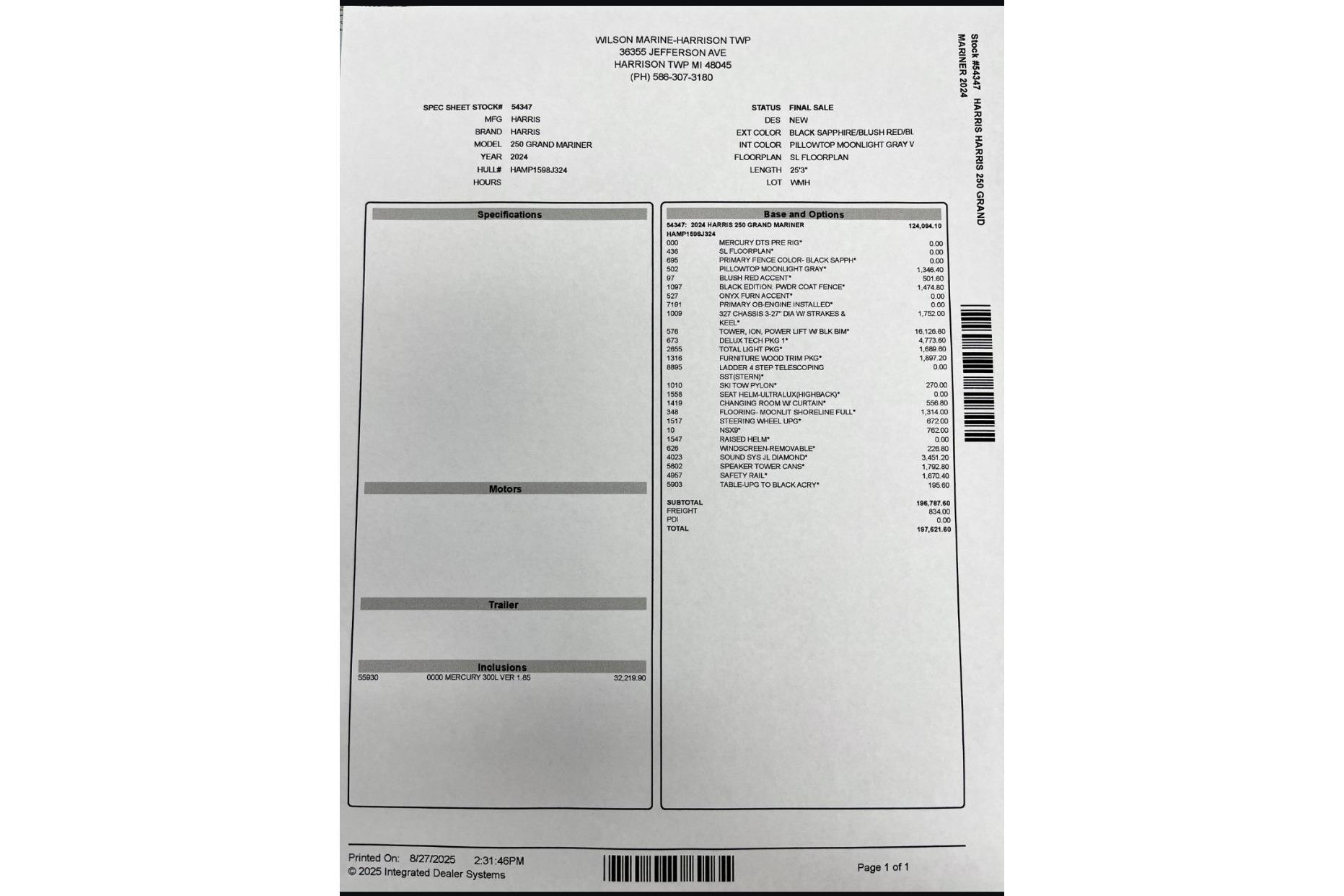 2024 Harris Grand Mariner 250 spec sheet with options and pricing details.
