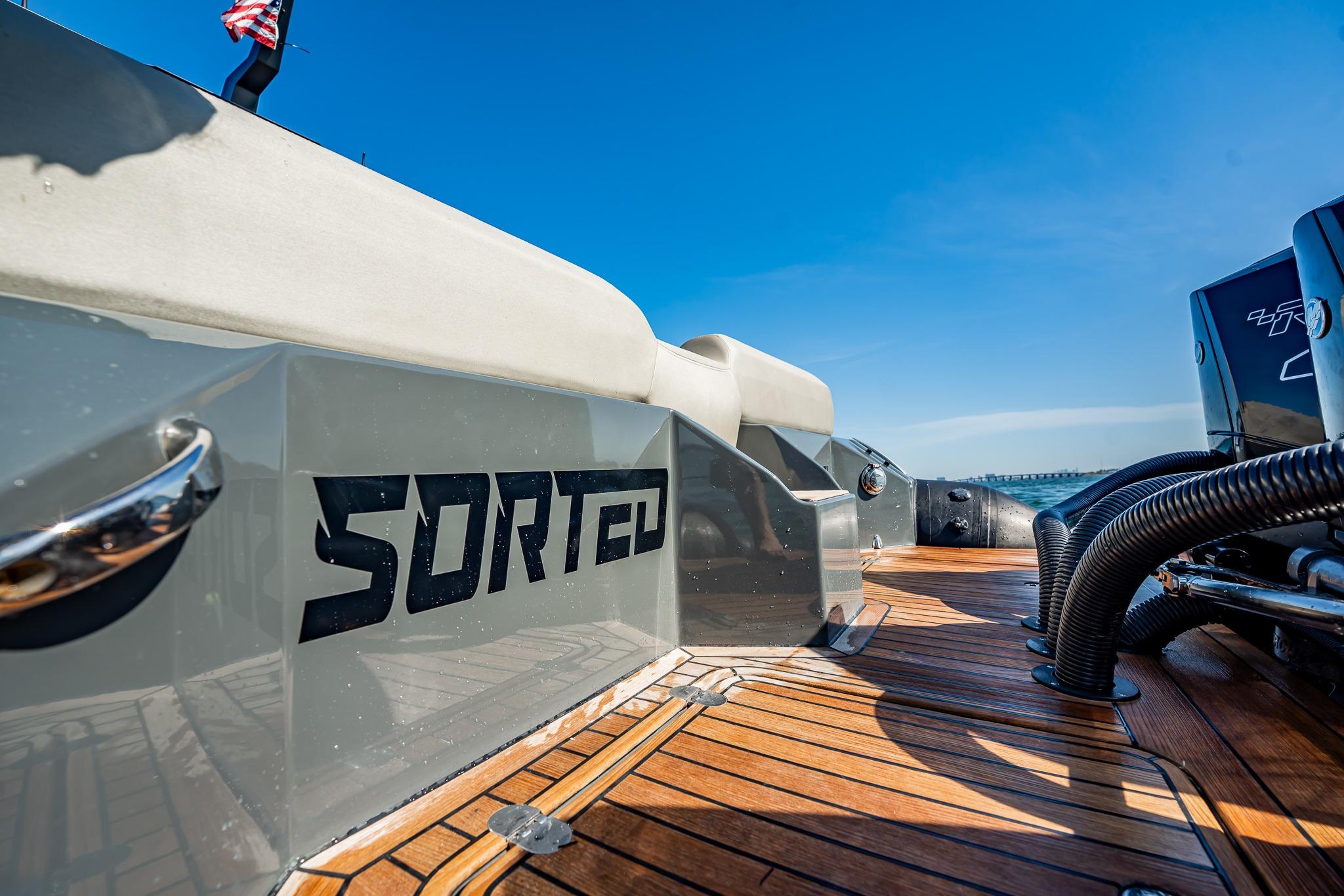 Skipper-BSK 38NC 2023 boat deck with "SORTED" branding, featuring sleek design and powerful engines.