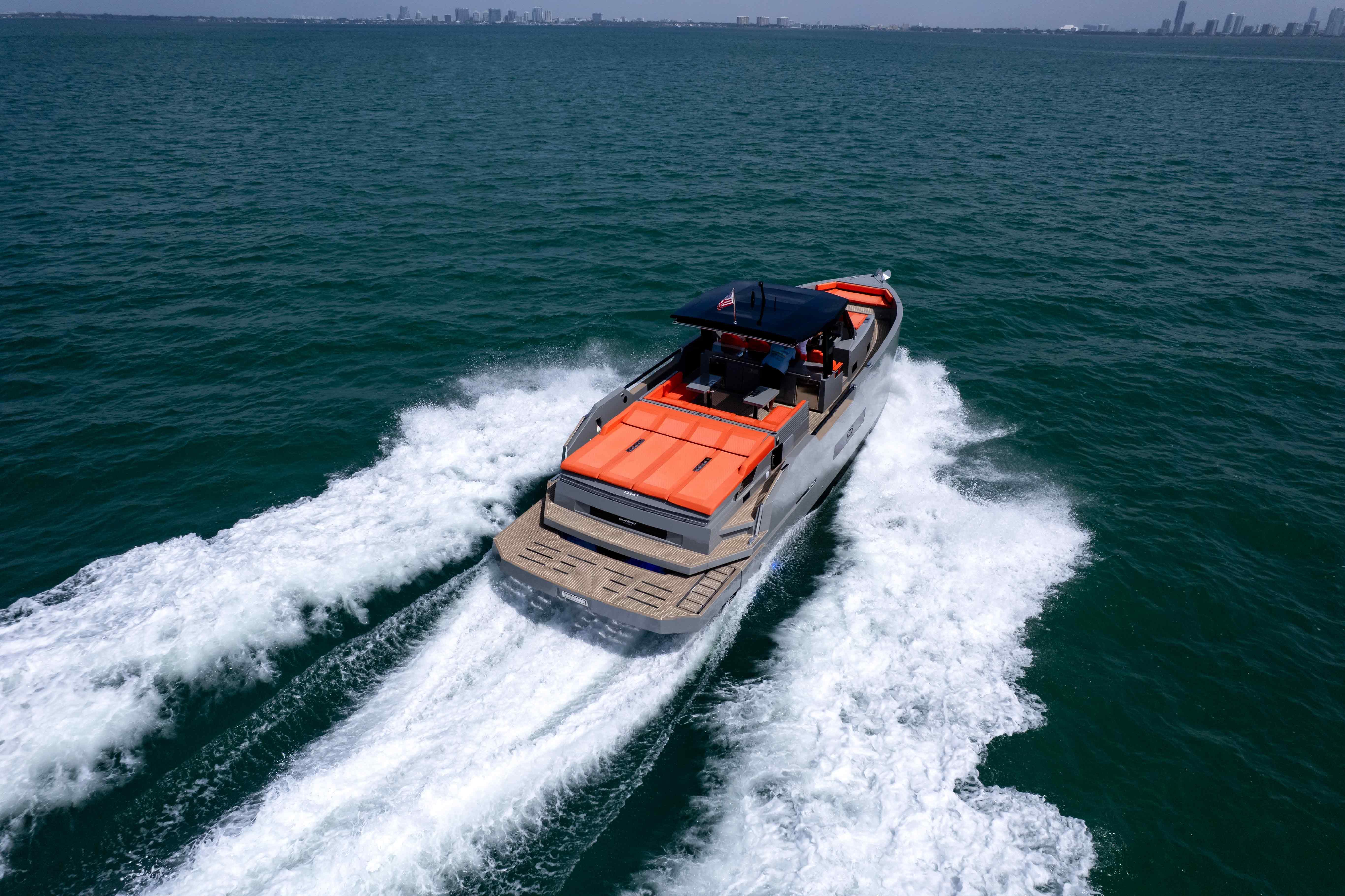 2023 De Antonio Yachts D50 cruising on open water, showcasing sleek design and powerful performance.