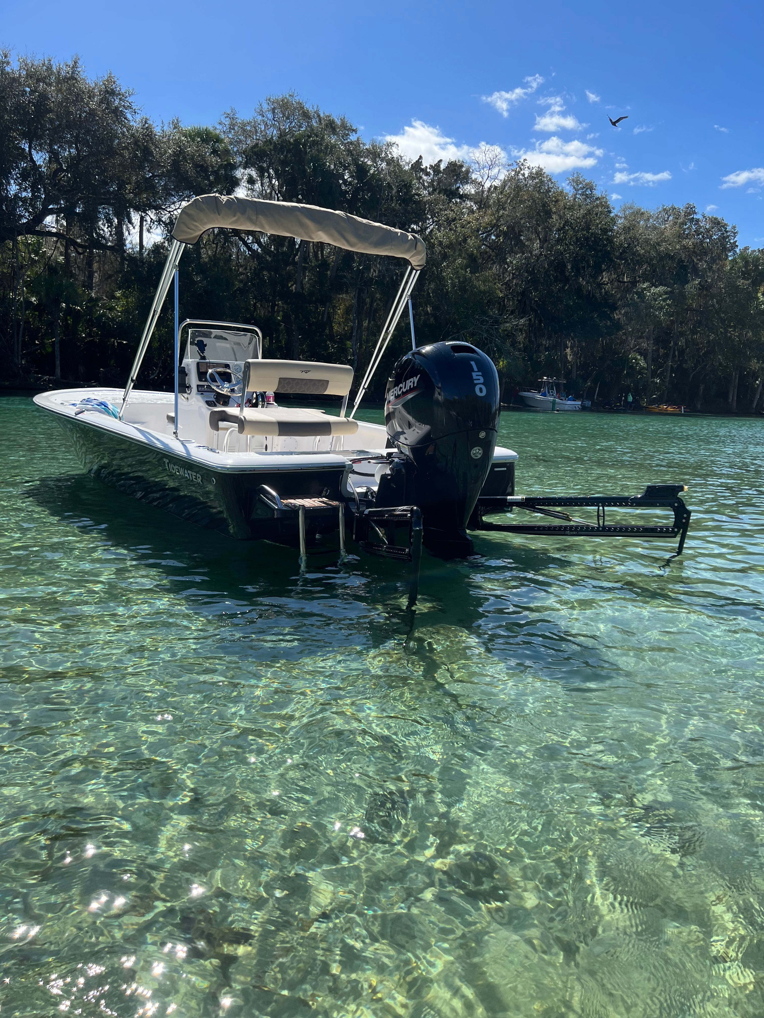 A 2021 Tidewater 1910 Bay Max boat floats in clear water, surrounded by trees.