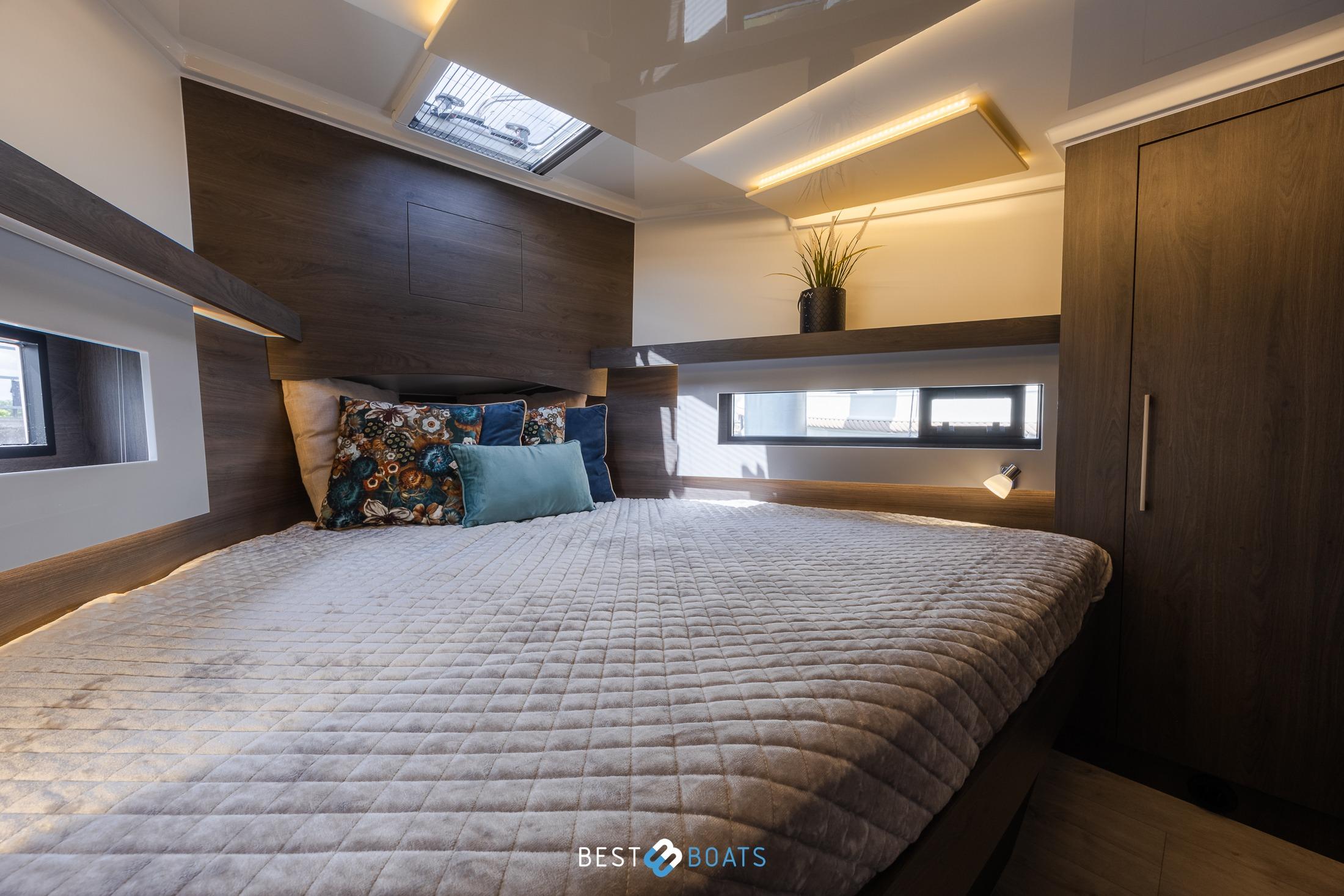 Luxurious bedroom interior of 2023 Cobra Yachts Futura 36 Premium Fly, featuring modern design.