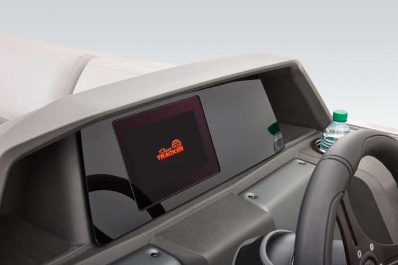 2026 Sun Tracker Party Barge 22 DLX dashboard with touchscreen and cup holder.