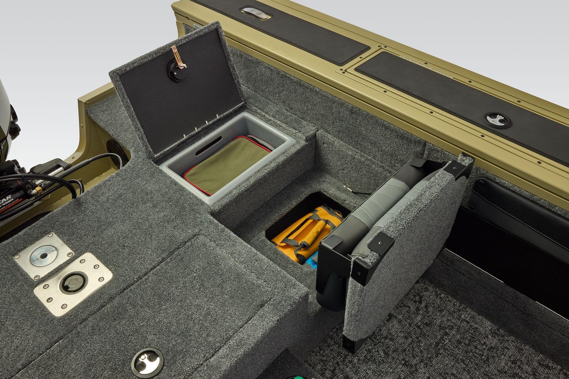 2026 Tracker Targa V-19 Combo boat interior with storage compartments and seating.