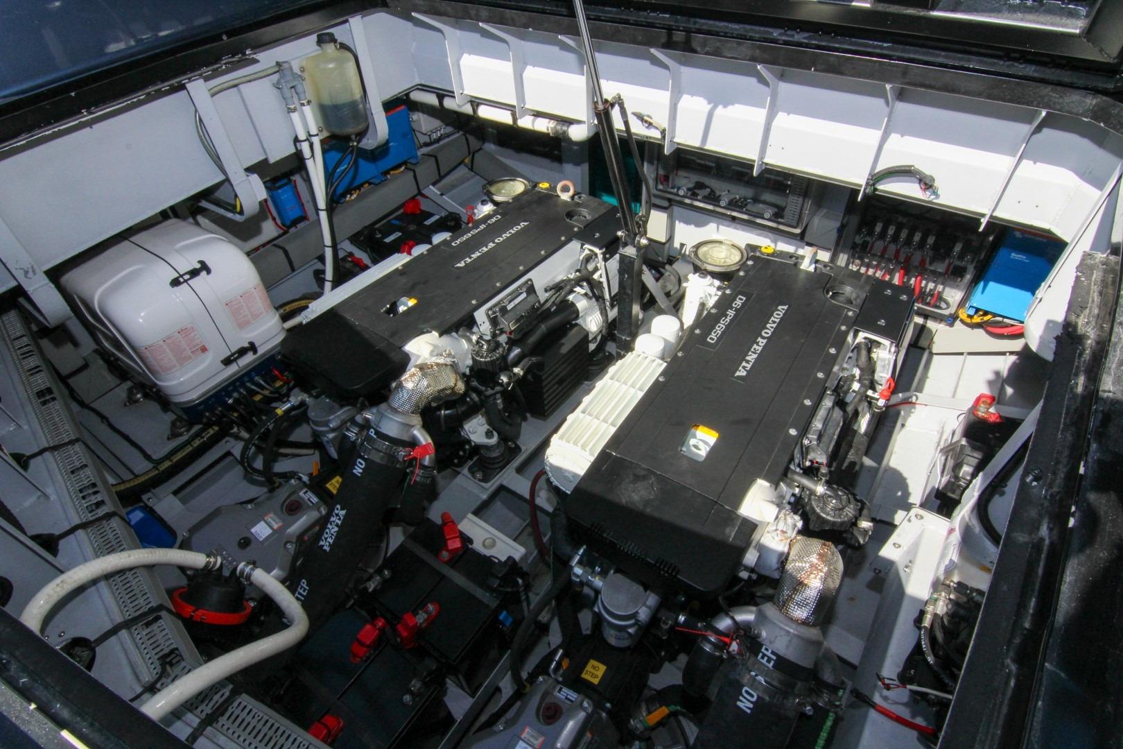 Engine compartment of 2022 Vanquish Yachts VQ45 with Volvo Penta engines.