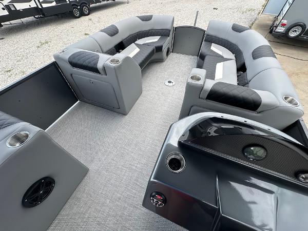 2024 Massimo Marine P-21R pontoon boat interior with gray and black seating.