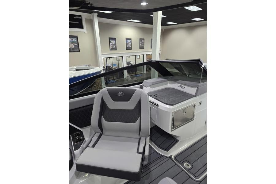 2026 Cobalt R31 boat interior with modern seating and sleek design.