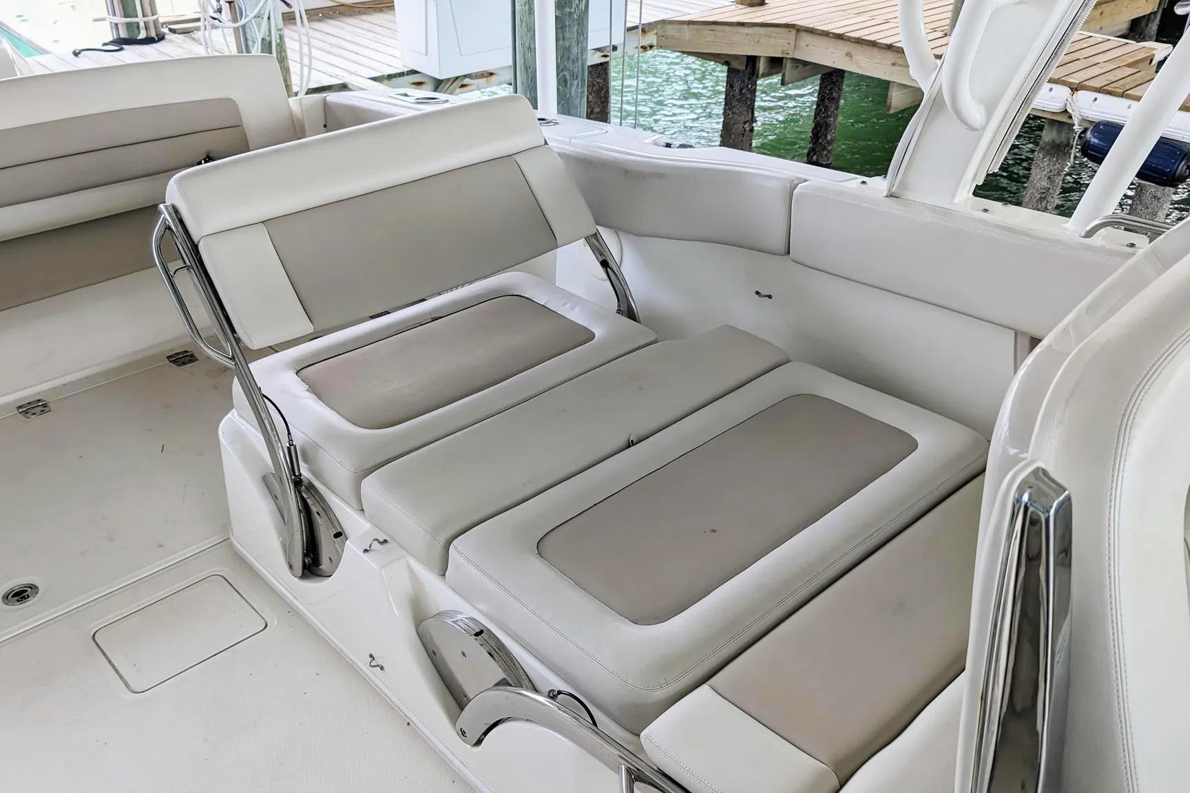 2017 Boston Whaler 320 Vantage boat interior with adjustable seating and sleek design.