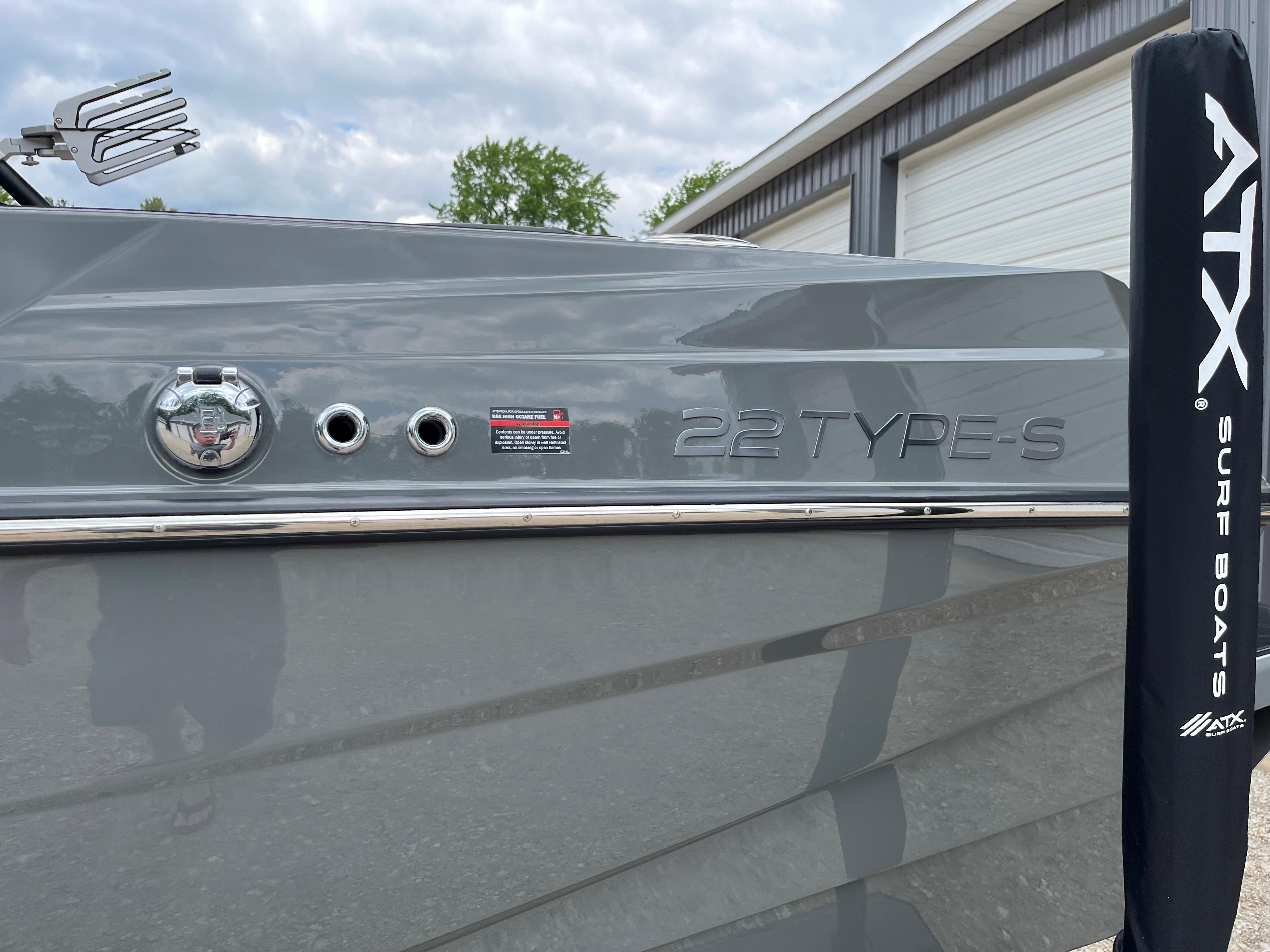 Gray boat with ATX Surf Boats logo and 22 Type-S model designation.