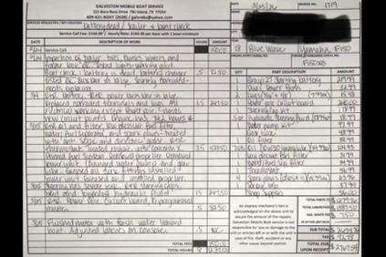 Service invoice for 2017 Blue Wave 2200 PureBay boat, detailing repairs and parts with costs.