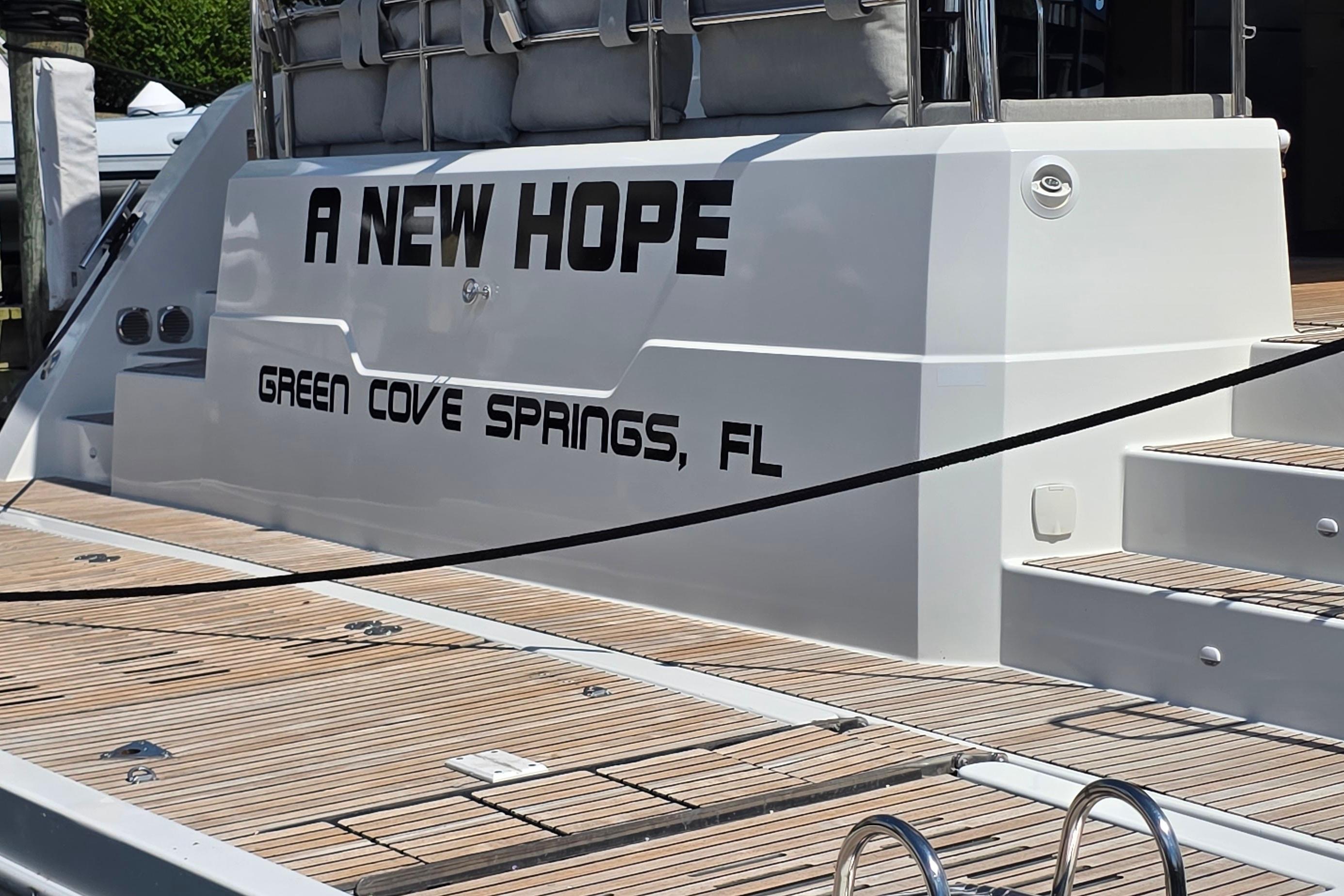 Fountaine Pajot Motor Yacht 44, 2018, docked with "A New Hope" name, Green Cove Springs, FL.