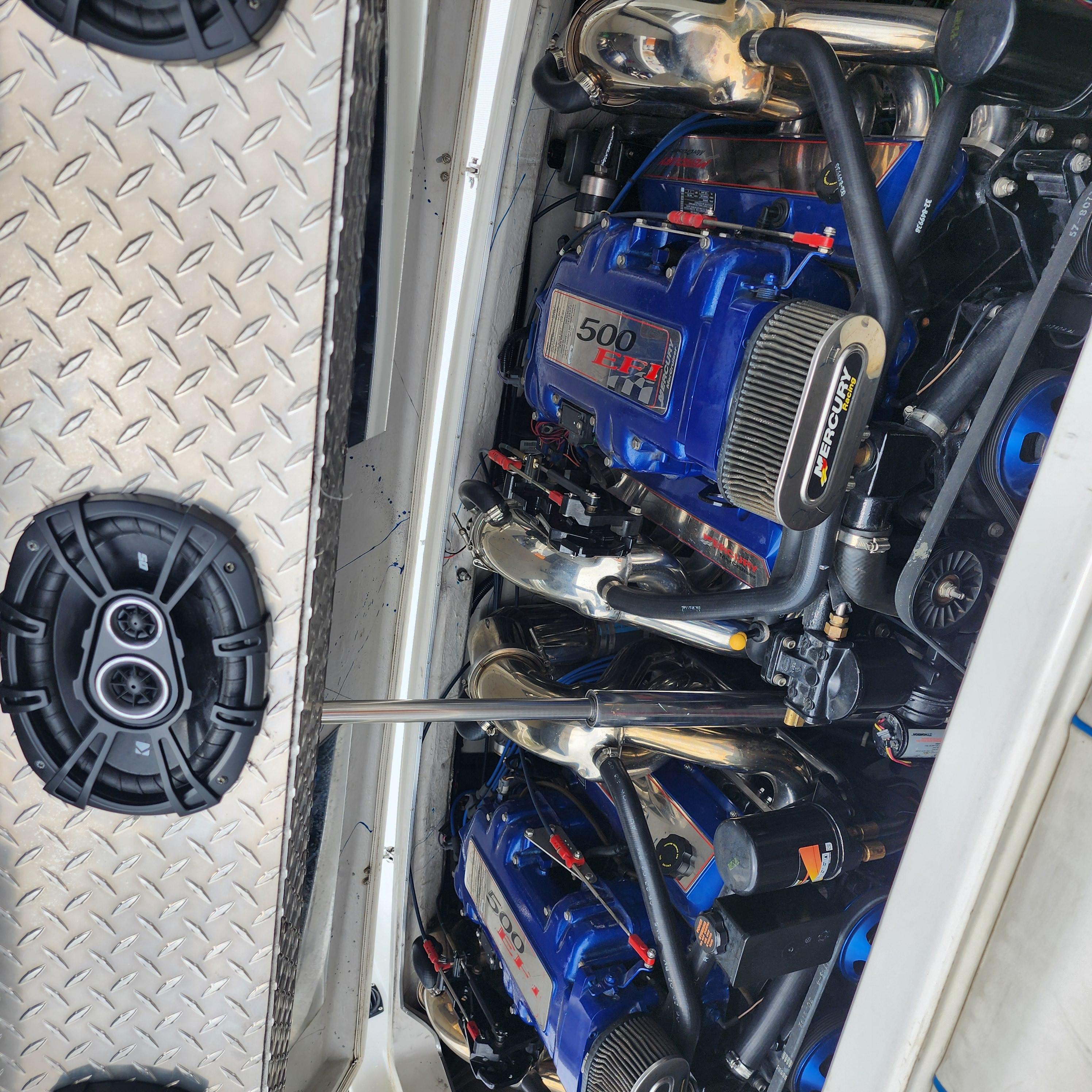 Engine compartment of a 2005 Kachina Bolero boat with dual Mercury 500 EFI engines.