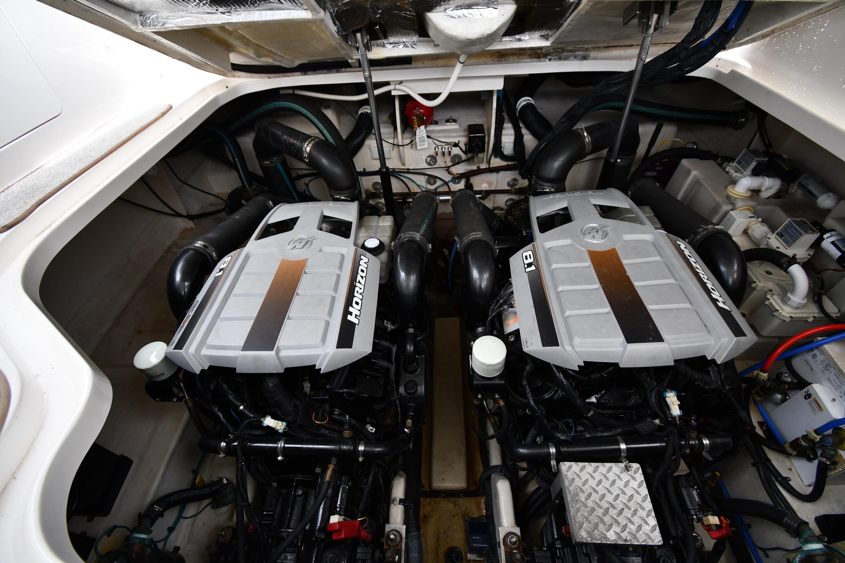 Engine room of a 2008 Sea Ray Sundancer 350 with twin Horizon engines.