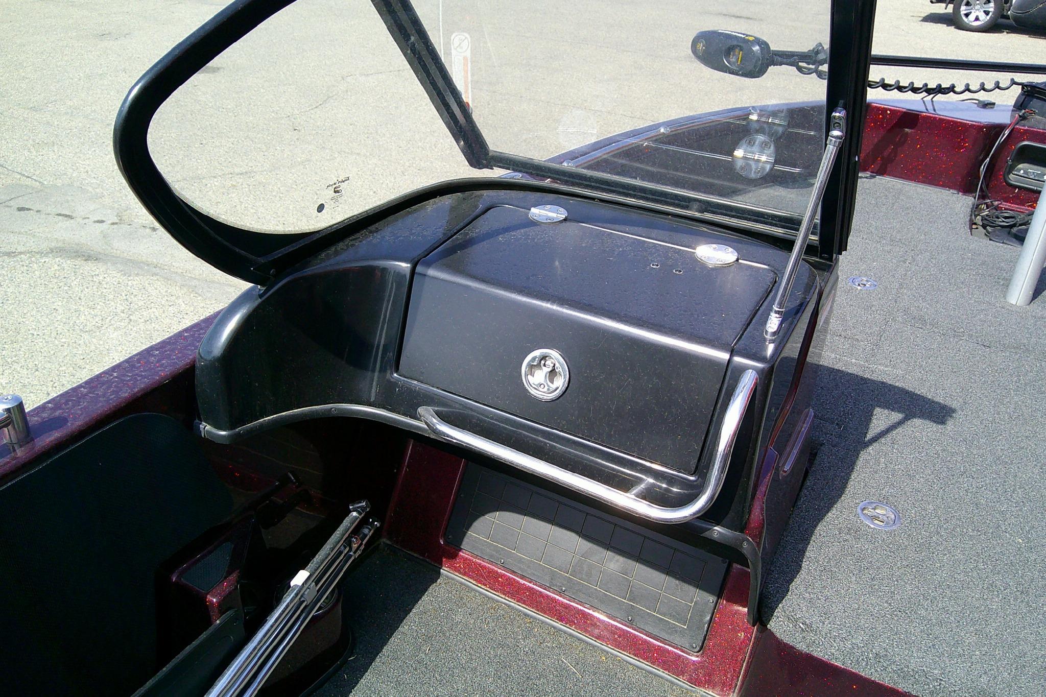 2019 Nitro ZV19 Sport boat interior with open windshield and storage compartment.